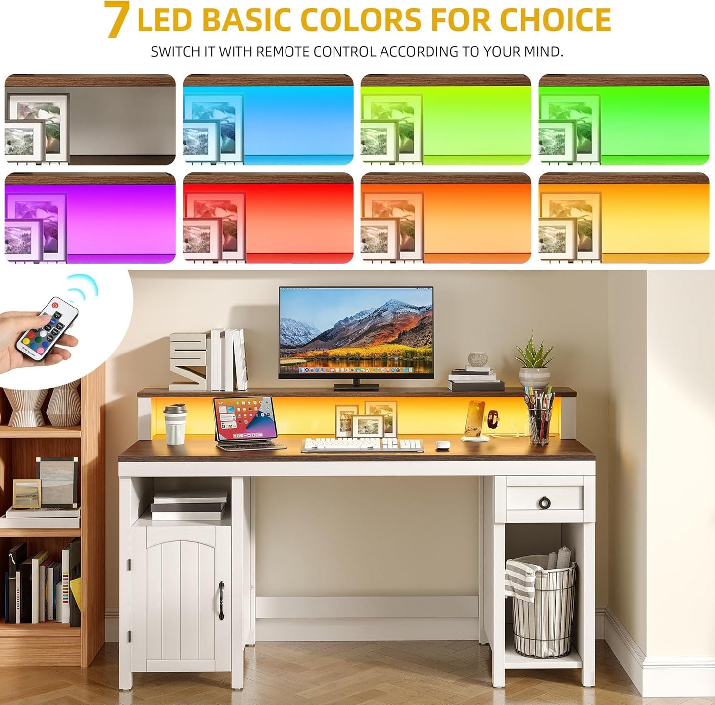 DWVO Farmhouse Office Desk with Drawer & Power Outlets, Wood Computer Desk w/LED Strip & Monitor Stand for Bedchamber Study, Home Office Table with Storage Cabinet for Working Writing Gaming (White)