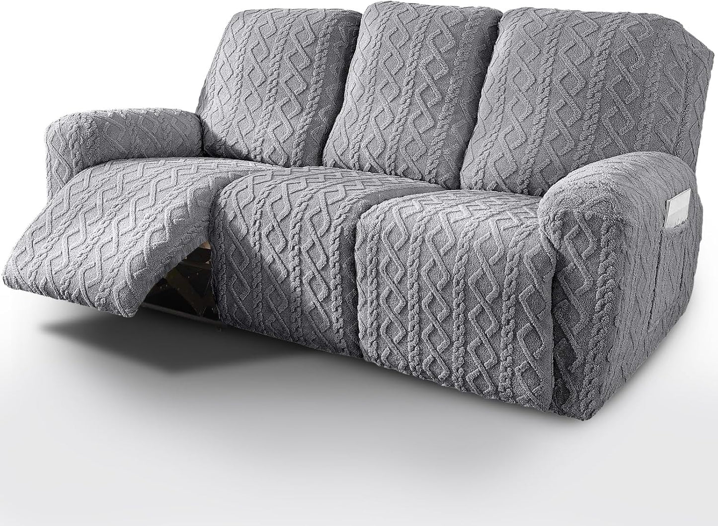 vctops 8 Pieces Geometric Jacquard Plush Recliner Sofa Covers Soft Fuzzy Fluffy 3 Seats Couch Cover Anti-Slip Sofa Slipcover Furniture Protector with Elastic Bottom for Kids Pet(Grey,3 Seat)