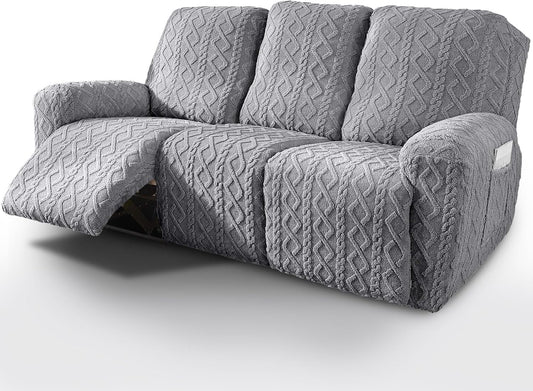 vctops 8 Pieces Geometric Jacquard Plush Recliner Sofa Covers Soft Fuzzy Fluffy 3 Seats Couch Cover Anti-Slip Sofa Slipcover Furniture Protector with Elastic Bottom for Kids Pet(Grey,3 Seat)