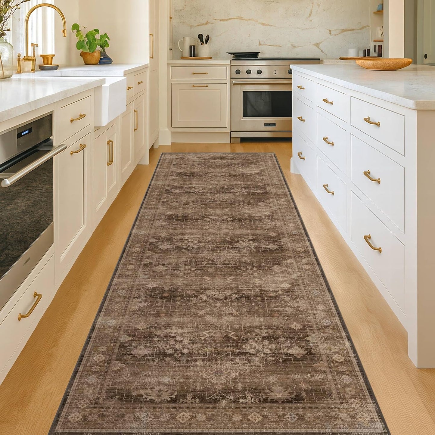 Brown Washable Long Runners for Hallways, 2x10 Wide Kitchen Runner Rug, Entryway Indoor Rug, Non Slip Rubber Backing Boho Vintage Dark Floor Decor
