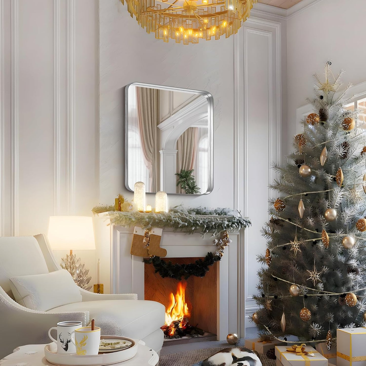 FORBATH 30x36 Inch Bathroom Mirror, Brushed Silver Deep Frame Wall Mirror with Rounded Corners, Anti-Rust Tempered Glass for Modern Farmhouse Vanity (Horizontal/Vertical Hanging)