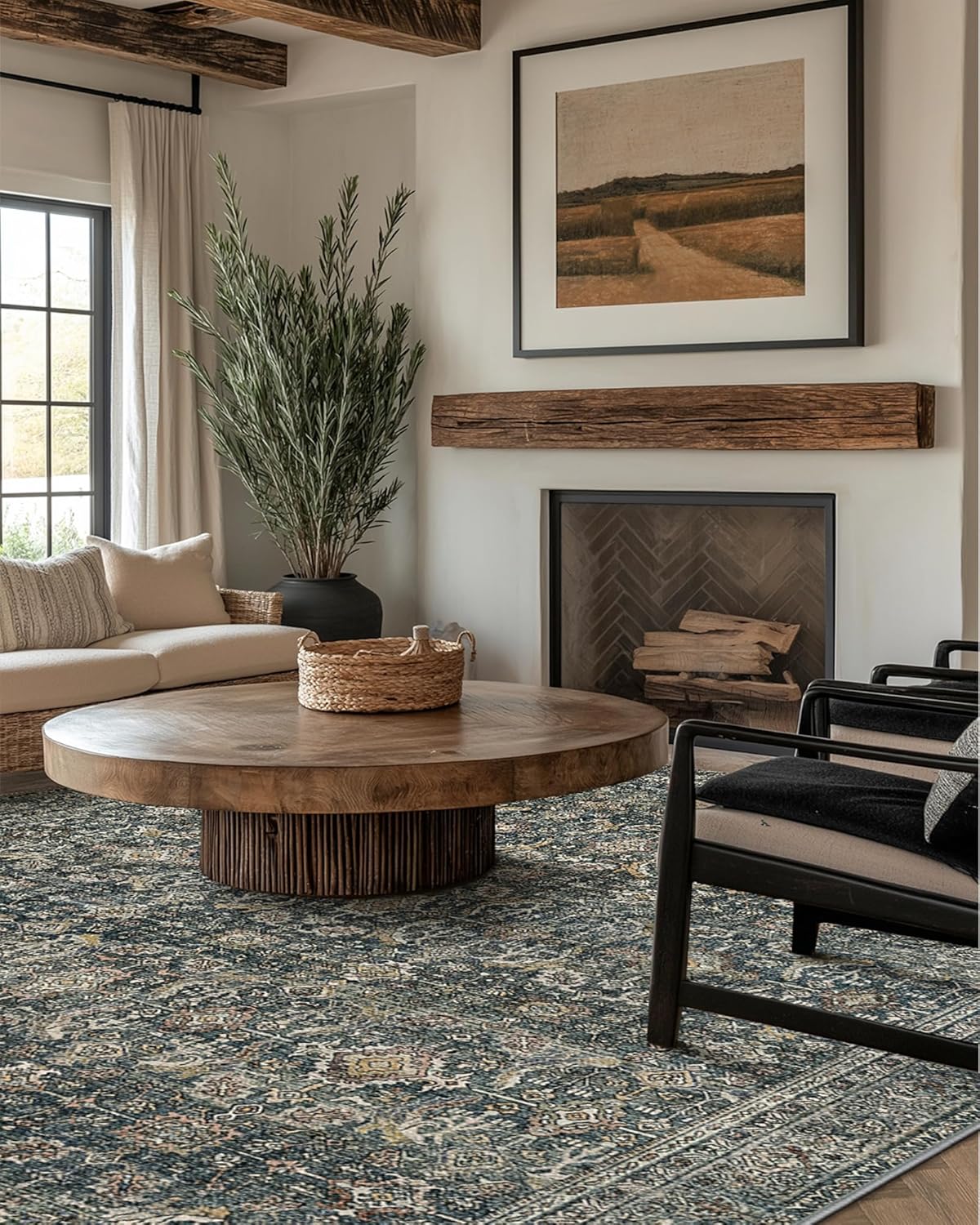 9X12 Area Rugs Machine Washable Rugs for Living Room, Vintage Boho Large Rugs for Bedroom Dining Room, Non Slip Indoor Soft Distressed Lightweight Thin Low Pile Carpet, Deep