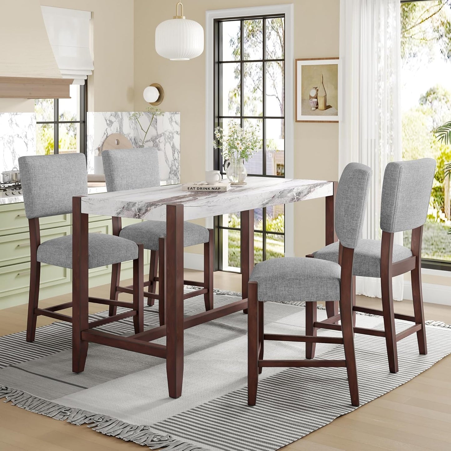 Ball & Cast 5-Piece Dining Table Set for 4,Kitchen Table Set W/Faux Marble Bar Table,Counter Height Living Room Furniture W/ 4 Upholstered Chairs,for Dining Room,Pub Kitchen,Small Place,Gray+White