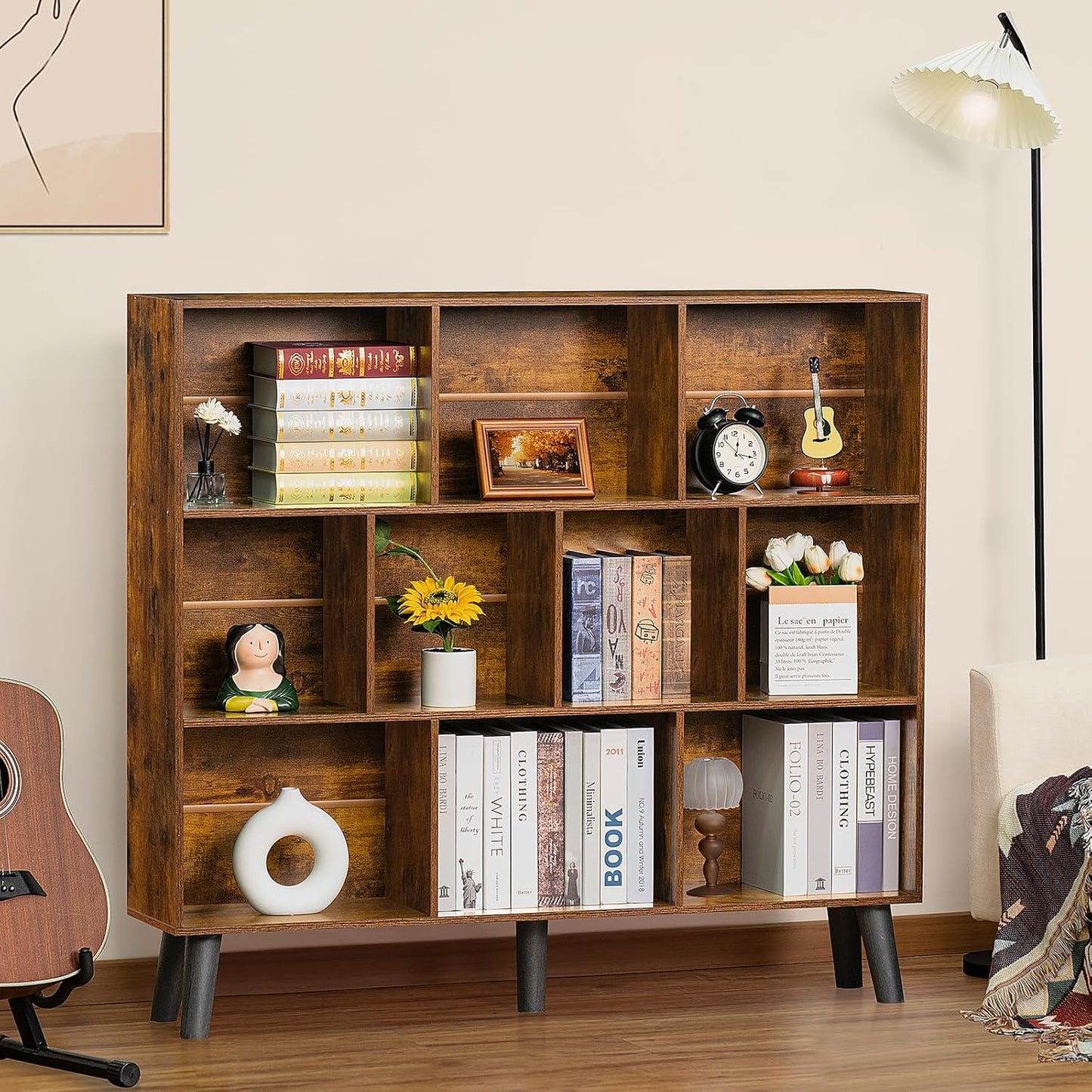 LEYAOYAO 10 Cube Bookshelf,3 Tier Modern Wide Bookcase with Legs,Mid-Century Wood Bookshelves Storage，Brown Large Book Case,Freestanding Organizer Display Shelf for Bedroom,Living Room,Office