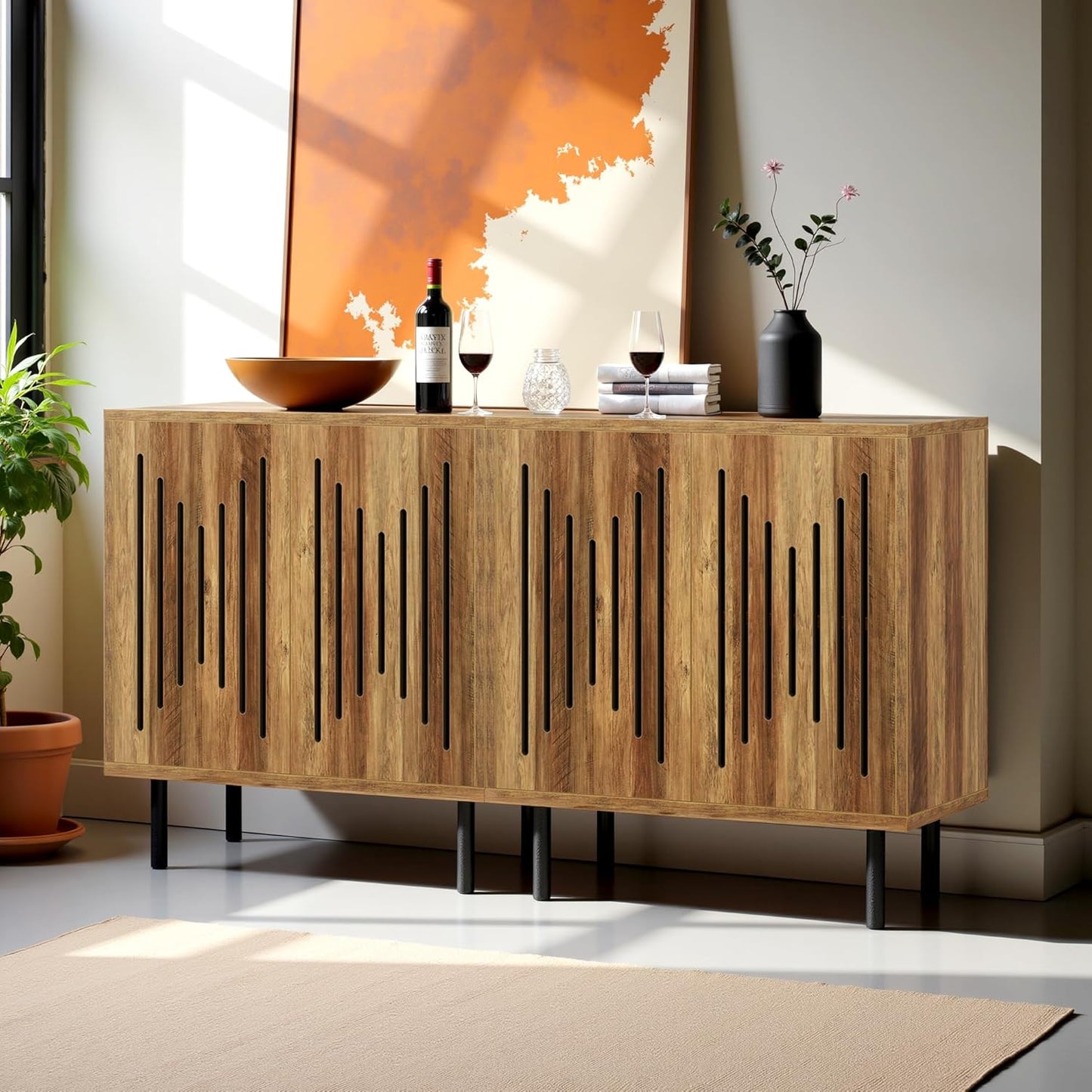 59" Sideboard Buffet Cabinet with Storage, Kitchen Buffet Storage Cabinet Set of 2, Modern Sideboard with Doors & Adjustable Shelves for Living Room, Kitchen, Hallway, Brown