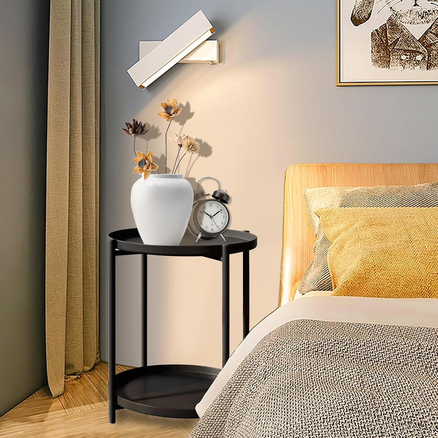 Round Side Table, 2-Tier Small Round Table, Round end Table, Nursery Side Table, with Removable Tray, for Room, Bedroom, Balcony, Living, Sofa, Kitchen, and Office