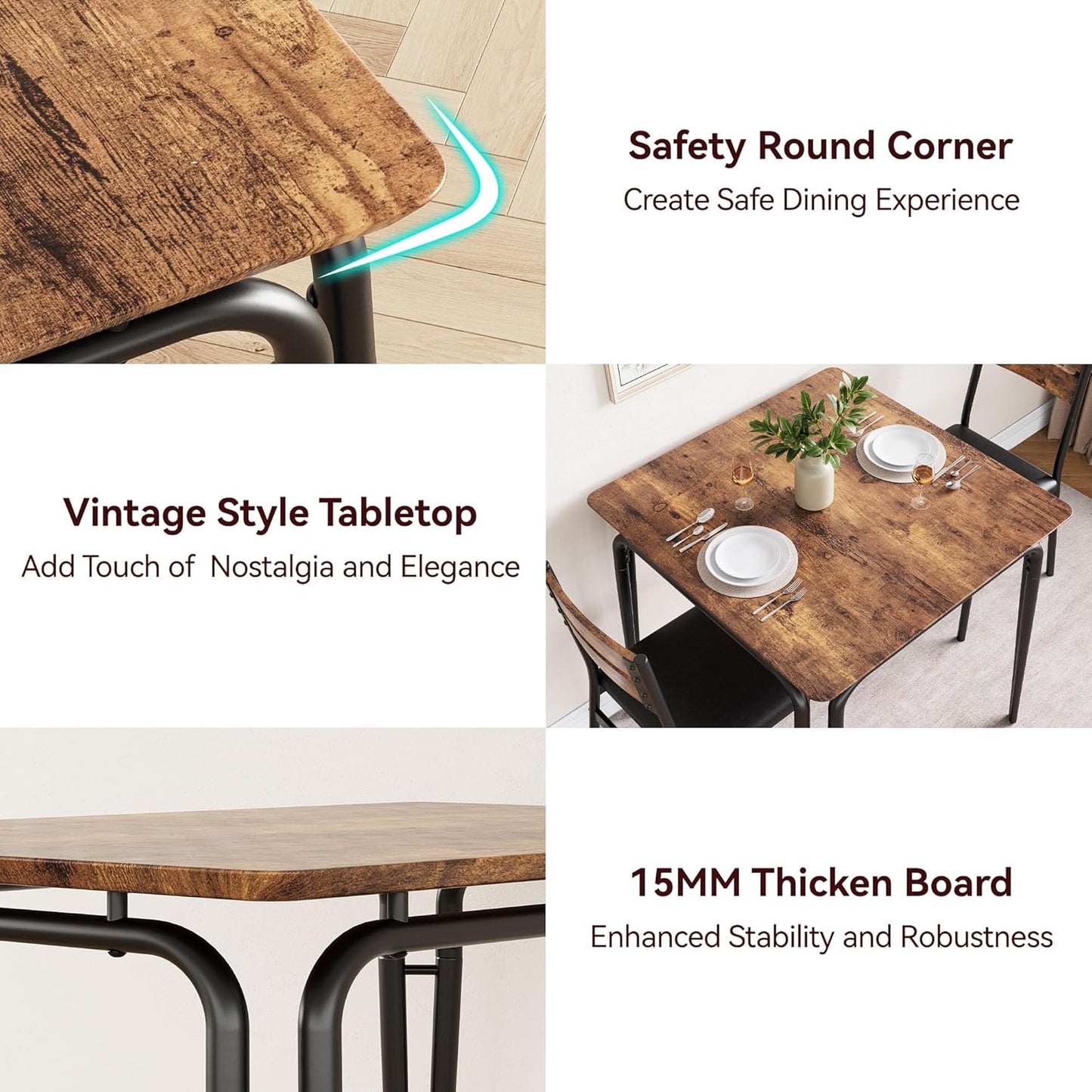 Dining Table for 2, Small Table and Chairs Set of 2, Square Dinette Set for 2, 3 Piece Kitchen & Dining Room Sets for Small Space (Vintage, Table with 2 Upholstered Chairs)