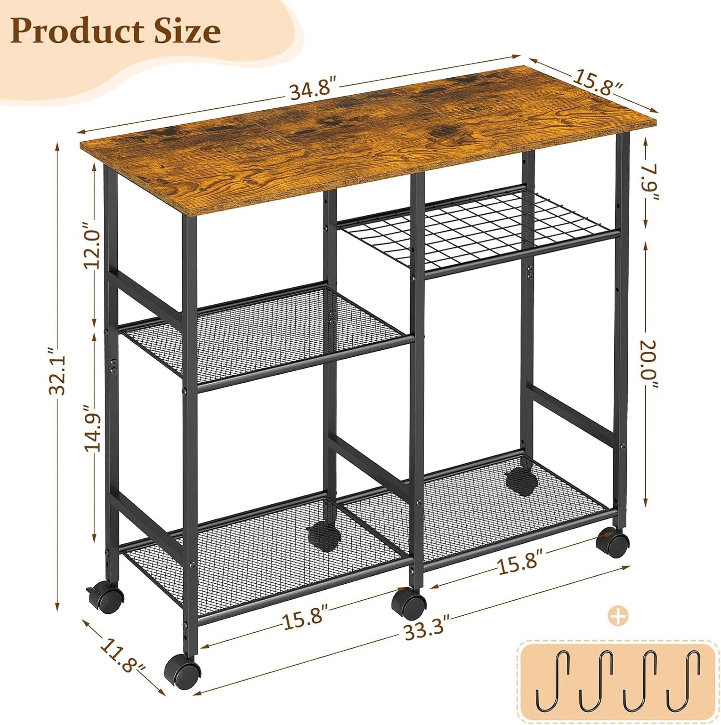 Kitchen Microwave Cart, Microwave Stand with Adjustable Shelf, Coffee Bar Stand Kitchen Baker's Rack with Wheels Rolling Storage Cart Organizer Shelf for Living Room, Office, Balcony