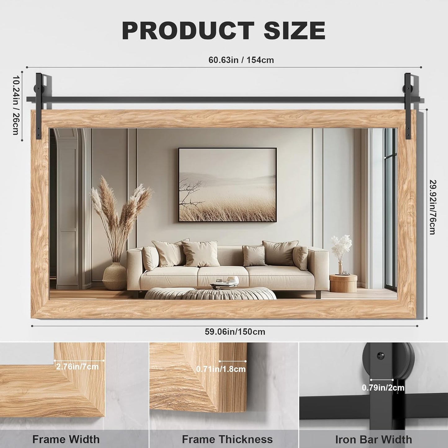 Hasipu Farmhouse Bathroom Mirror, 60"x30" Rustic Wood Framed Wall Mounted Mirror, Brown Vintage Vanity Mirror Barn Door Style Decrative Mirrors