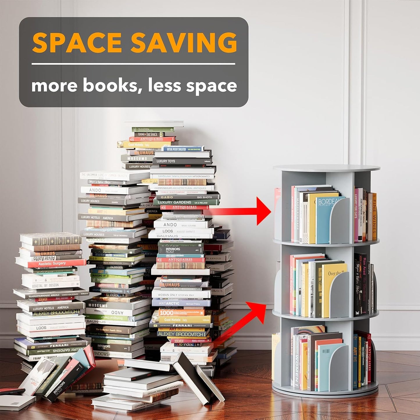 SpaceAid 3 Tier Rotating Bookshelf Tower, Spinning Bookcase Lazy Susan, Revolving 360 Book Shelf Storage Round Carousel, Vertical Rotate Turning Spiral Corner Organizer, Gray