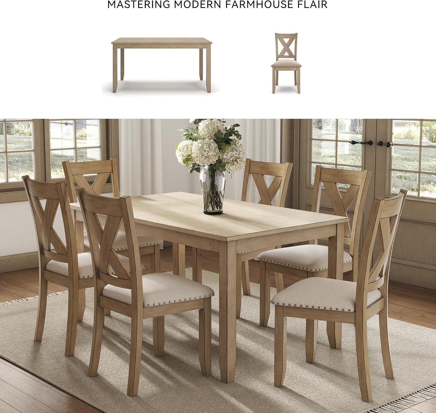 Signature Design by Ashley Sanbriar Casual Dining Table and Upholstered Chairs with Nailhead Trim, Set of 7, Light Brown & Beige