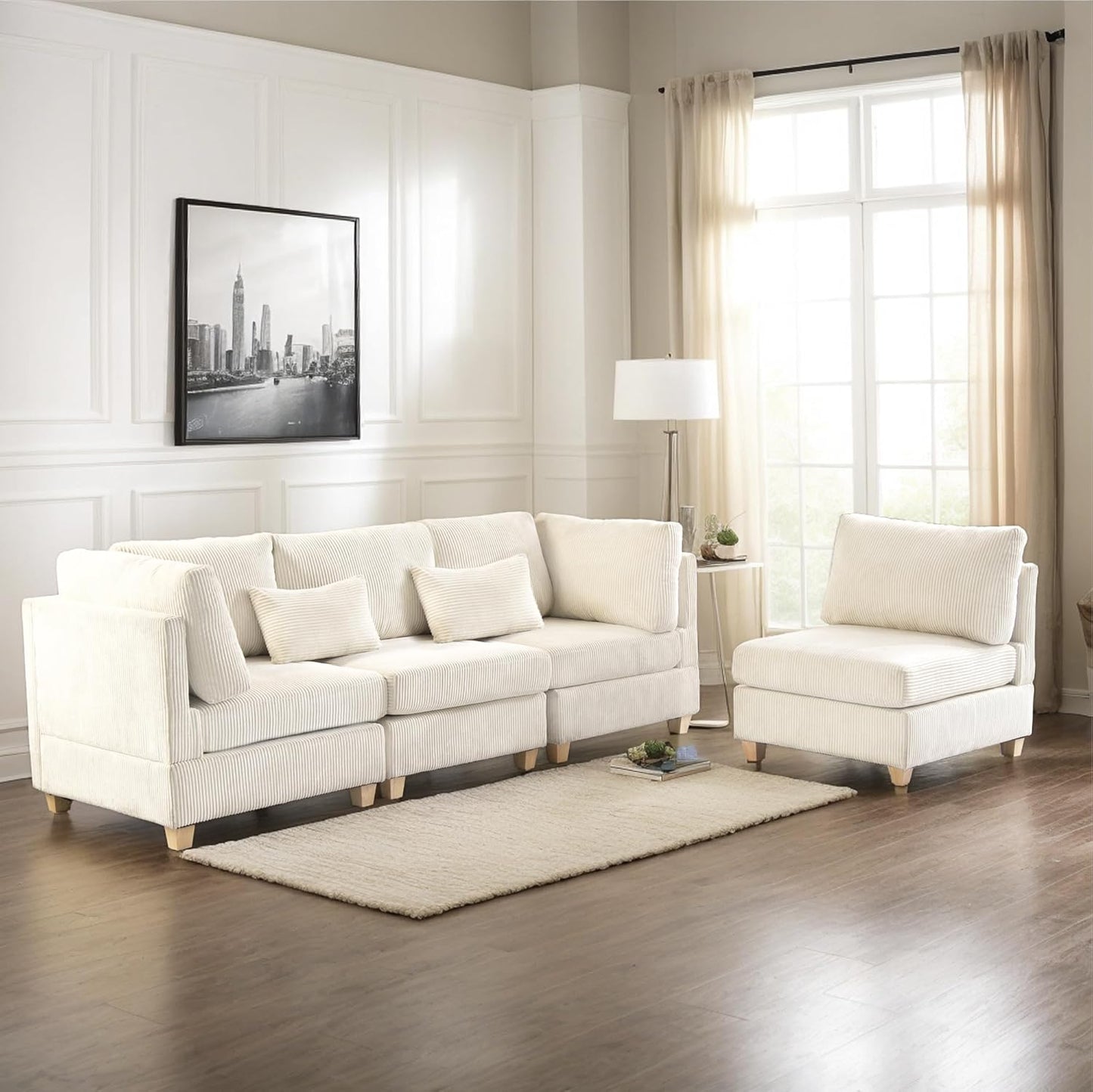 126" Convertible L-Shaped Modular Sectional Sofa, 4 Seater Corduroy Upholstered Corner Sofa Couch with Extra Wide Deep Seat, DIY Combination Lounger Sofa with Solid Wood Legs for Living Room Office