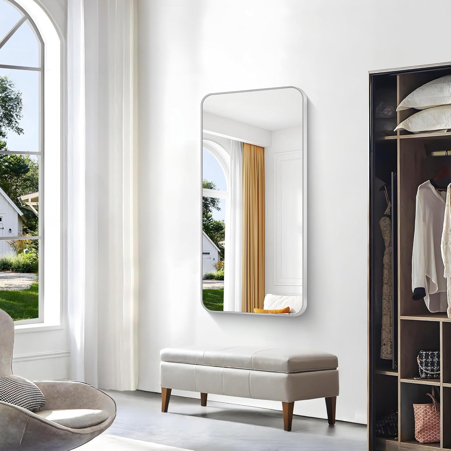 BONEWEI Silver Bathroom Mirror,24x48 inch Wall Mirror for Bathroom Wall Mounted,Rectangle Mirror for Bathroom Over Sink,Modern Frame Round Corner for Living Room,Bedroom Entryway,Horizontal/Vertical