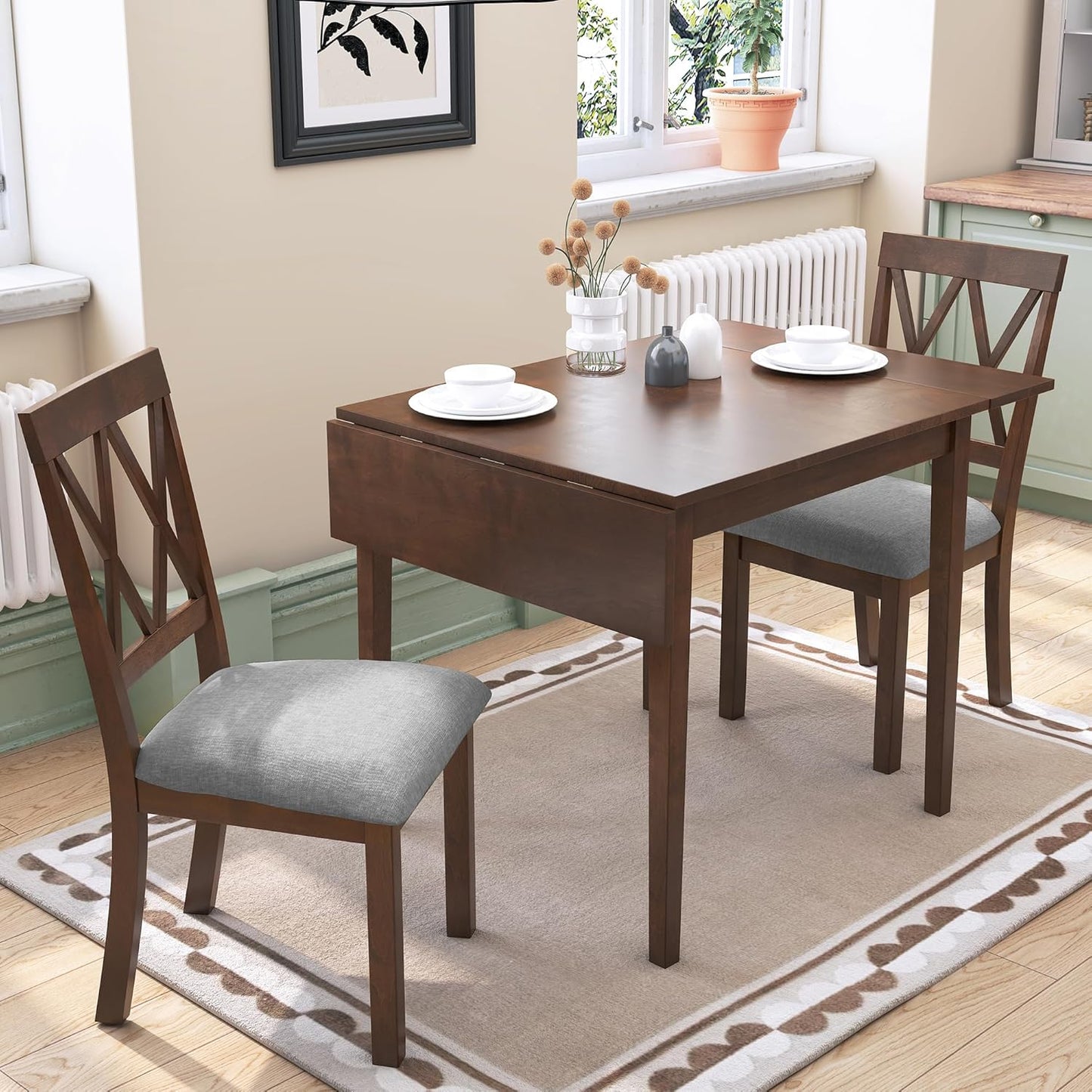 Merax Farmhouse Wooden Dining Set of 3, 45.6 inch Extendable Kitchen Table with Drop Leaf, 2 Chairs with Backrest for Small Space, Easy Assemble Brown