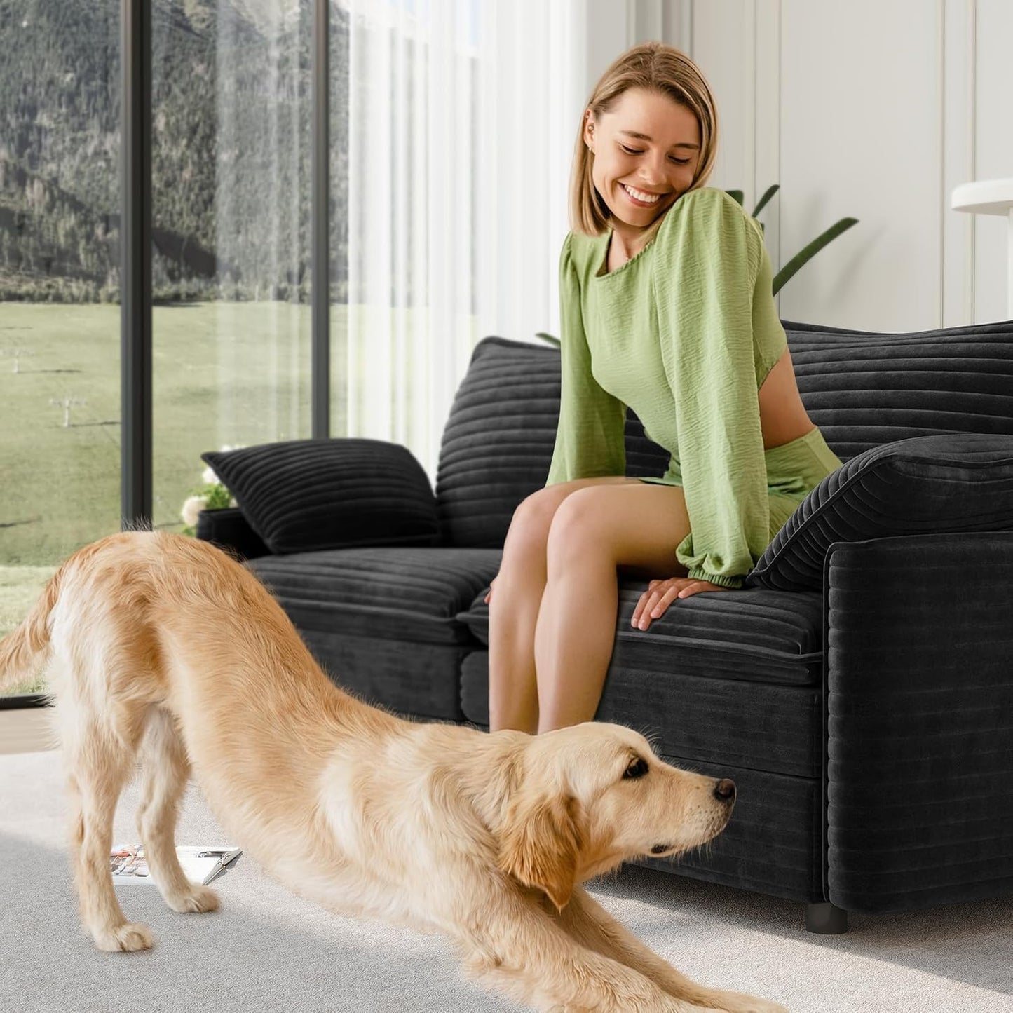 Vesgantti 74" Loveseat Sofa for Living Room, Comfy Cloud Couch Deep Seat Corduroy Modern 2 Seater Small Sofa with Armrest Pillow, Easy Assembly for Small Spaces, Black