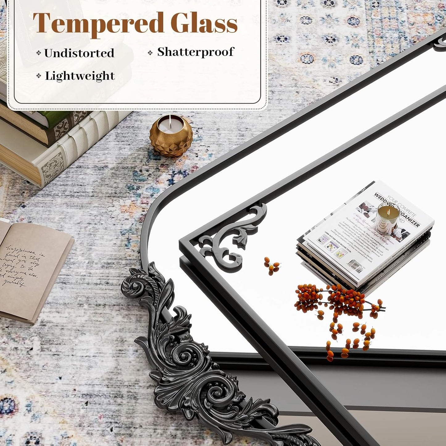 24x36 inch Vintage Arched Bathroom Mirror - Gorgeous Wall Vanity Mirror with Beautiful Retro Top and Bottom Engraving Process Frame for Entryway Hallway Living Room, Black