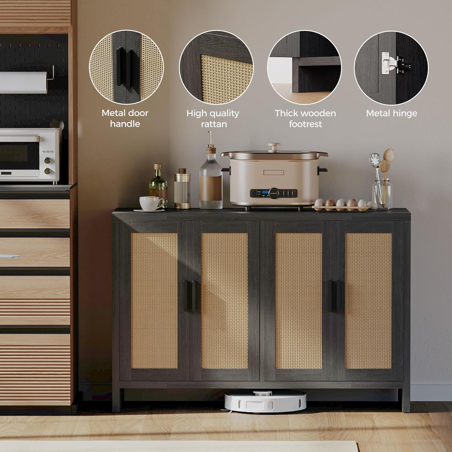 Rattan Buffet Cabinet with Storage, Sideboard with Doors, TV Stand, Farmhouse Side Board Coffee Bar, Modern Wood Storage Cabinets for Livingroom, Kitchen and Dining Room (Black)