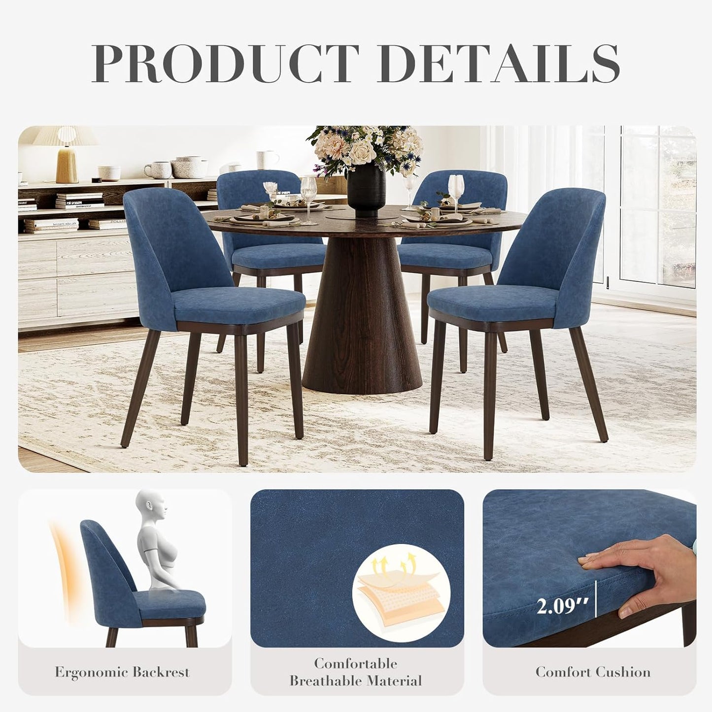 COLAMY Upholstered Dining Chairs Set of 4, Modern Kitchen Chairs with Back, Leather Side Dining Room Chairs with Wood Legs for Kitchen Dining Room Restaurant,Blue