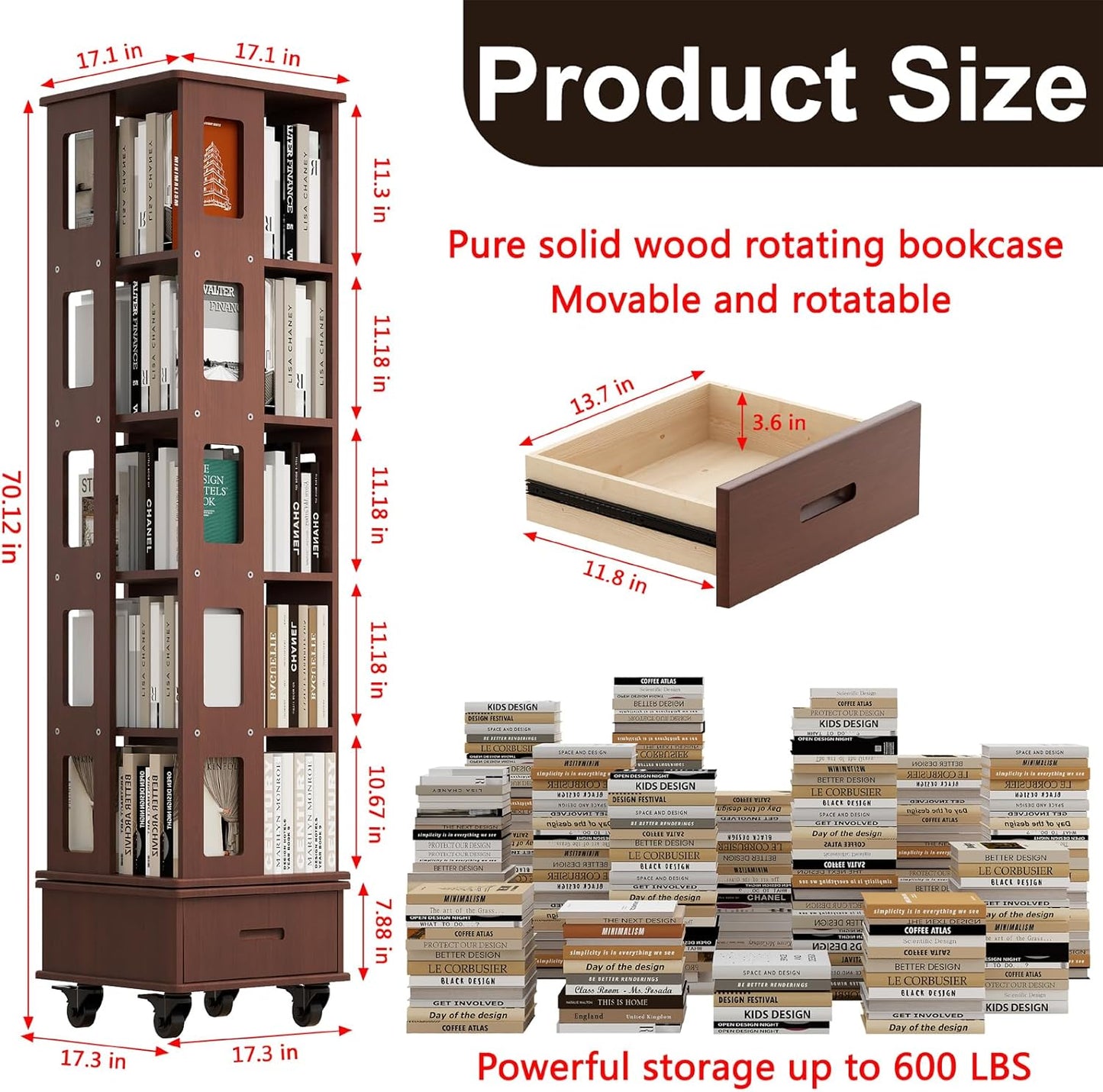 Solid Wood Rotating Bookshelf Tower, 5-Tier Square Spinning Bookcase with Drawer, 70" Floor Standing Revolving Bookshelf on Wheels, Corner Bookcase for Small Space, Walnut