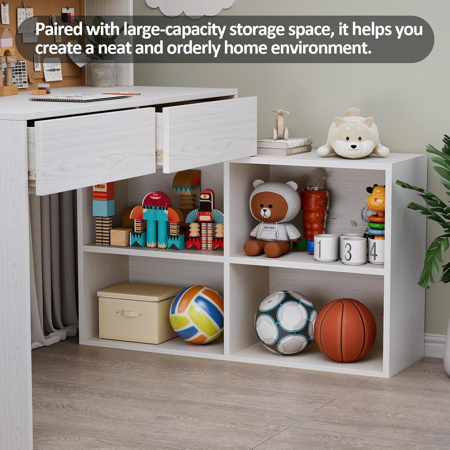 White Wooden Kids Desk and Chair Set, Kids Study Desk with Removable Large Storage Cabinet,Kid Study Table and Chair Set with 2 Drawers & 4 Cabinets,Girls Desks for Kid for Bedroom