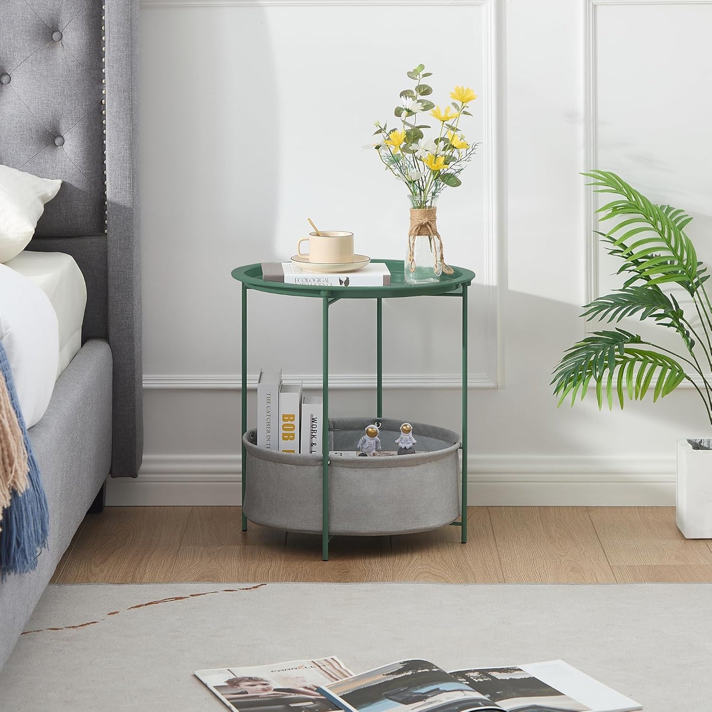 VECELO Round Side/End Table with Fabric Storage Basket，Metal Anti-Rust and Waterproof Small Bedside Nightstand with Removable Tray Top for Living Room，Balcony & Laundry，Dark Green /1pcs with Basket
