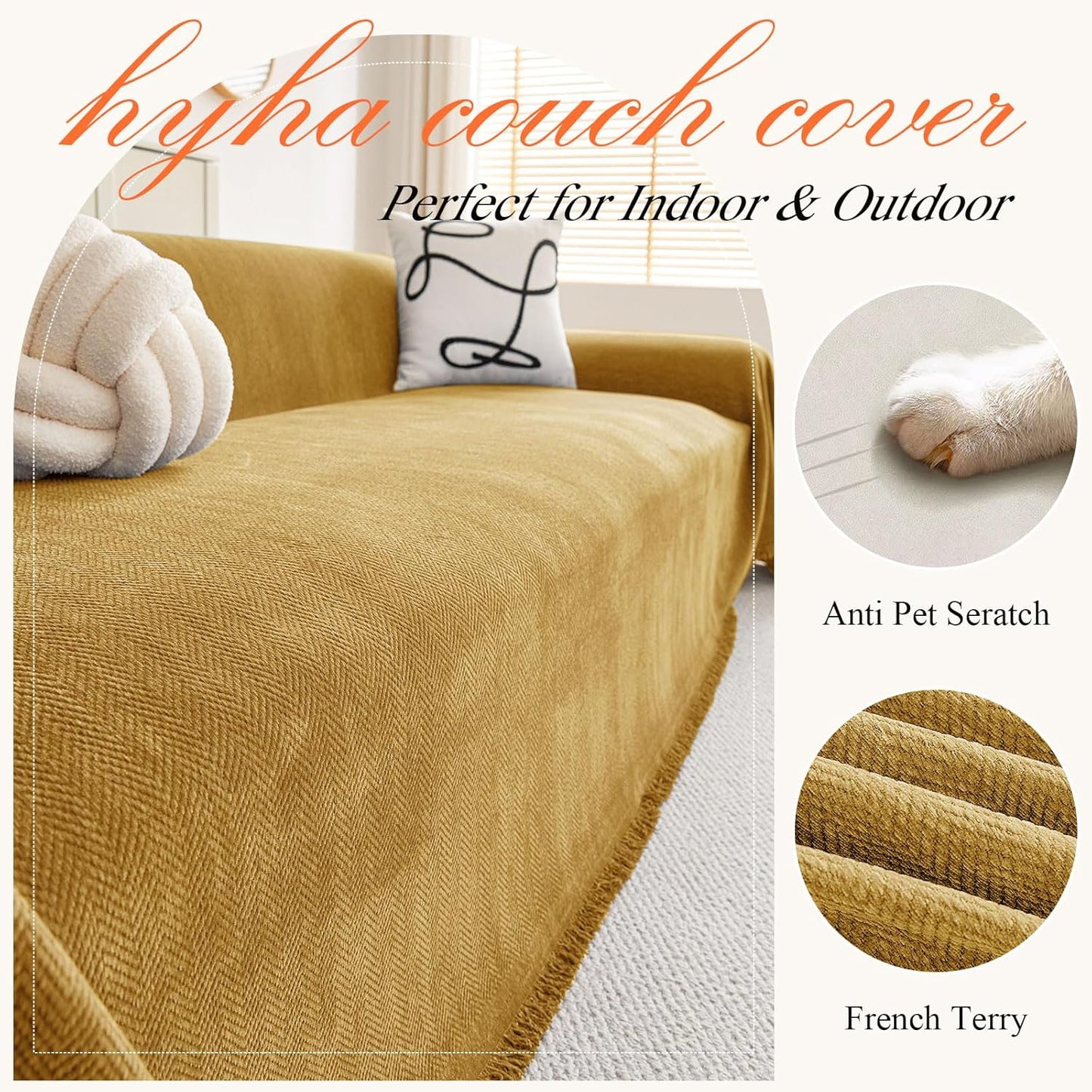 hyha Couch Cover for Dogs, Boho Sofa Covers for 3 Cushion Couch Washable, Chenille Sofa Slipcover for Pets, Soft Loveseat Sectional Couch Throw Blankets with Tassels (Yellow, 71x134 Inch)