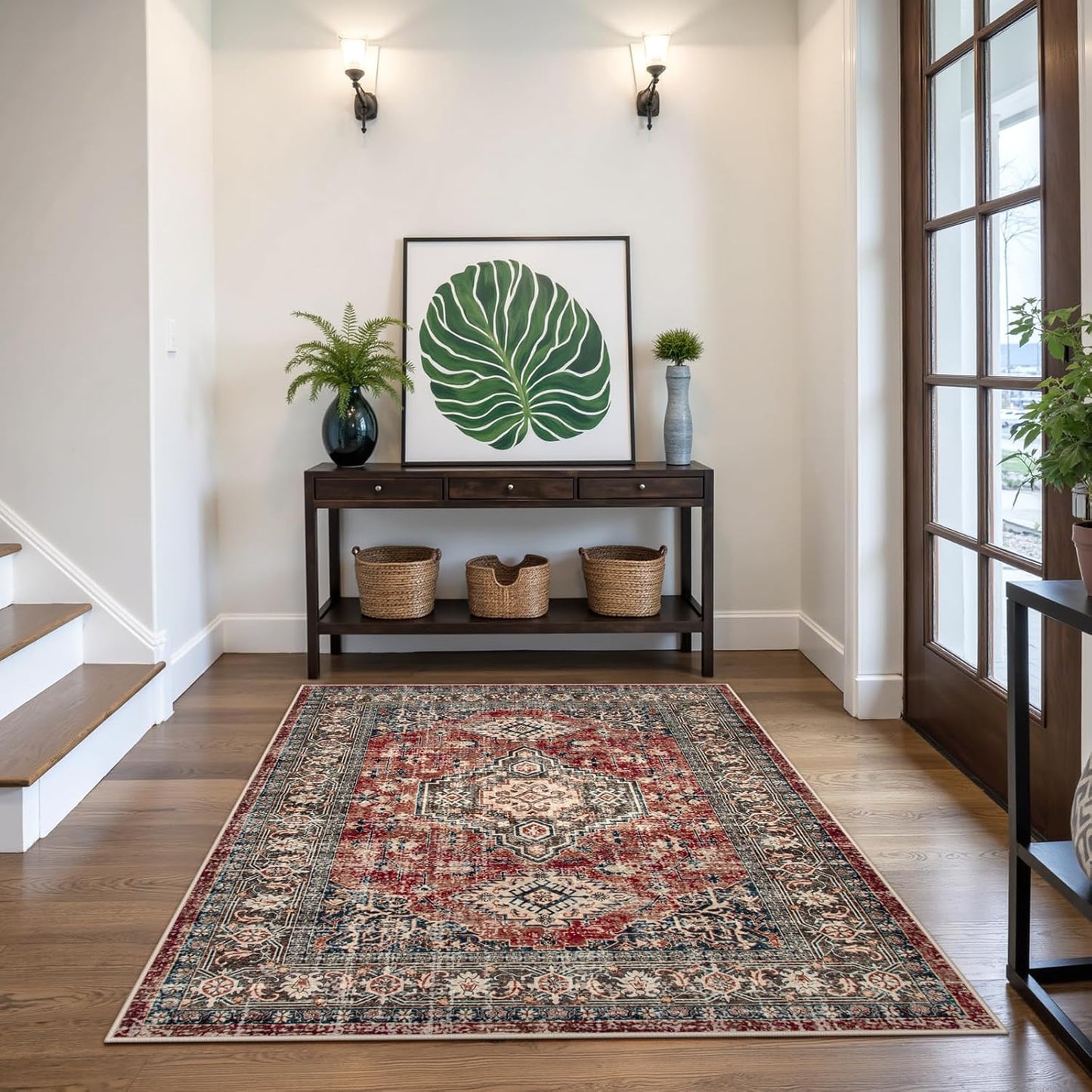 Lahome Oriental Washable Rugs for Bedroom, 4X6 Soft Living Room Rug Ultra-Thin Non-Slip Stain Resistant Vintage Low-Pile Throw Carpet for ‎Office Entryway, Brick Red