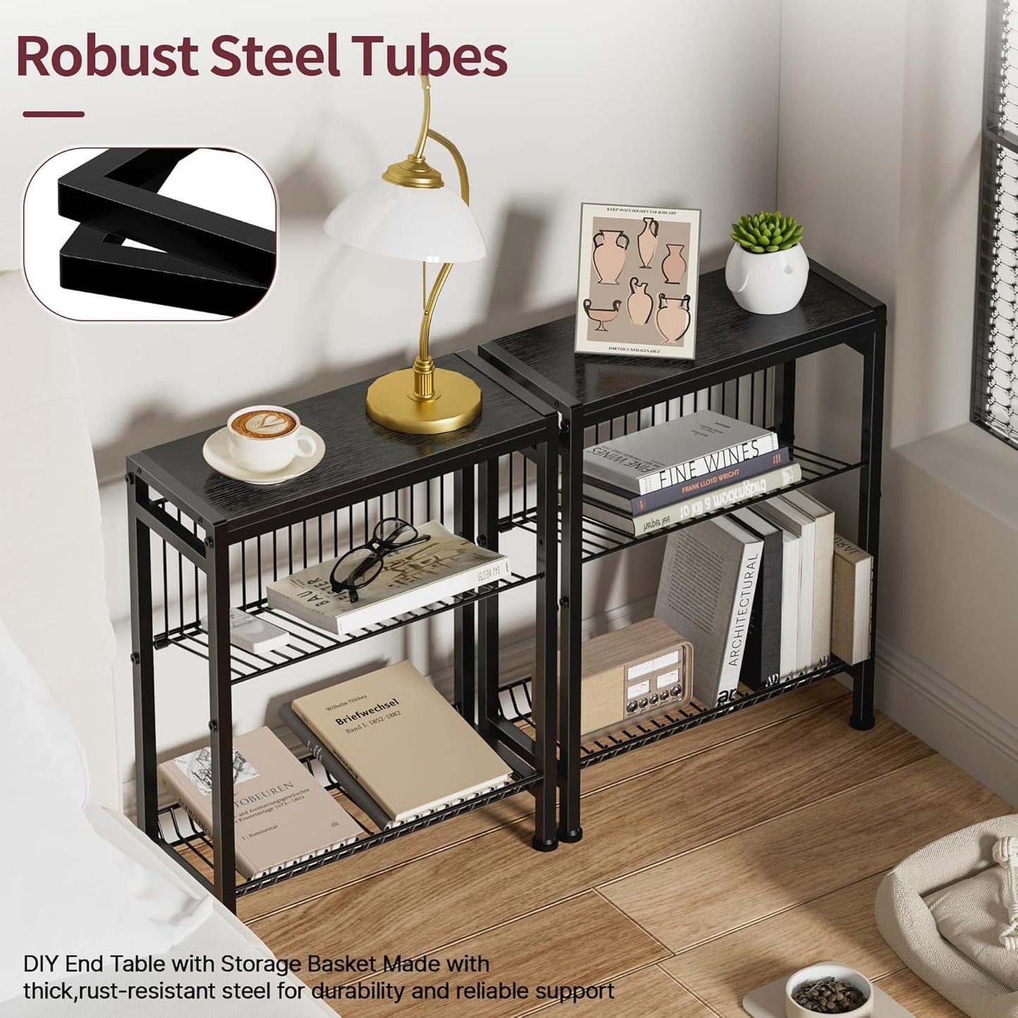 Narrow Side Table for Small Space, 3-Tier End Table with Magazine Holder, Slim Nightstand with Wire Shelf, Skinny Bedside Table in Living Room, Bedroom, Study, Kitchen and Balcony (Black)