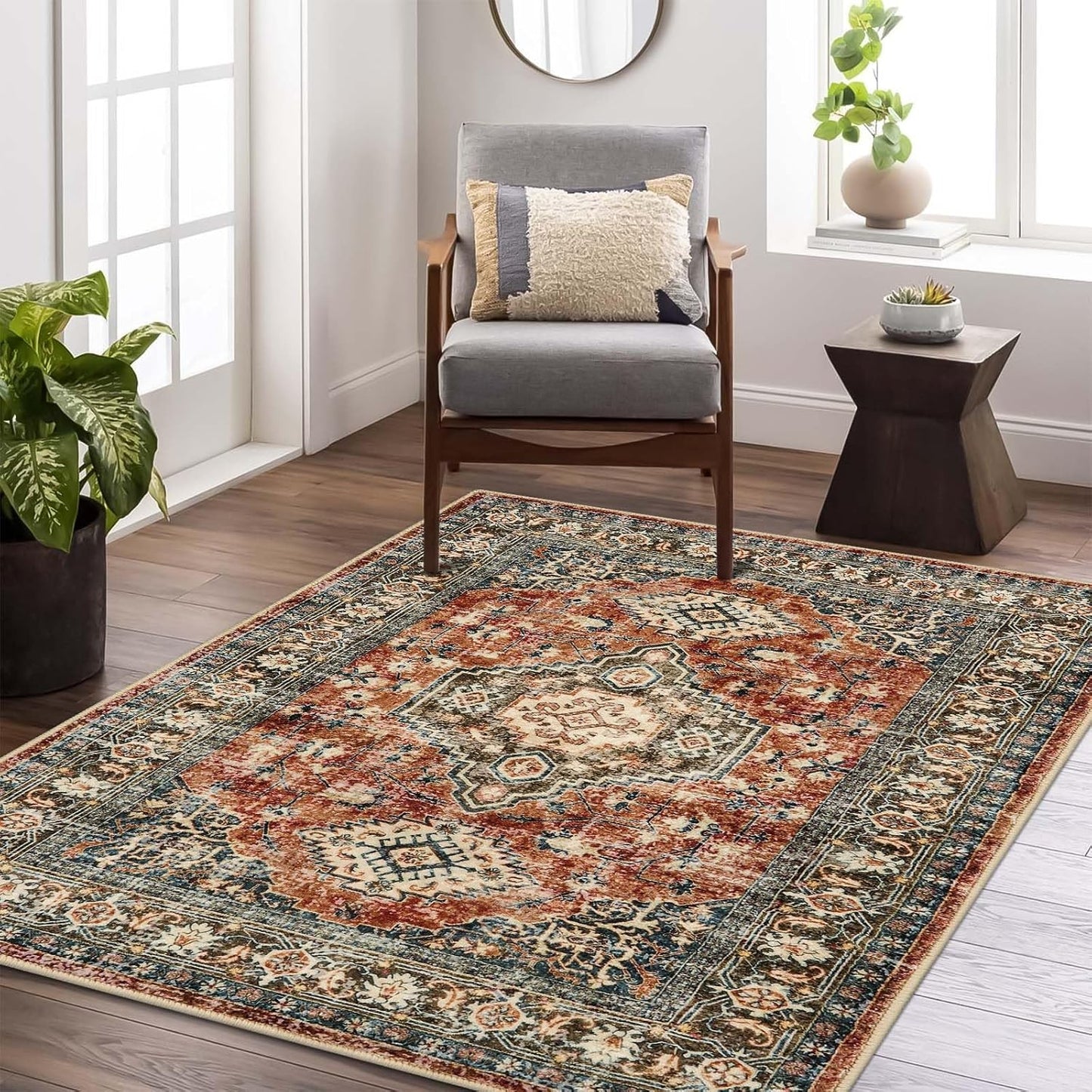 Lahome Oriental Area Rug, 3x5 Washable Rugs for Living Room Non Slip Entry Mat, Vintage Soft Pet Friendly Throw Carpet for Entryway Bedroom Dinning Room, Brick Red