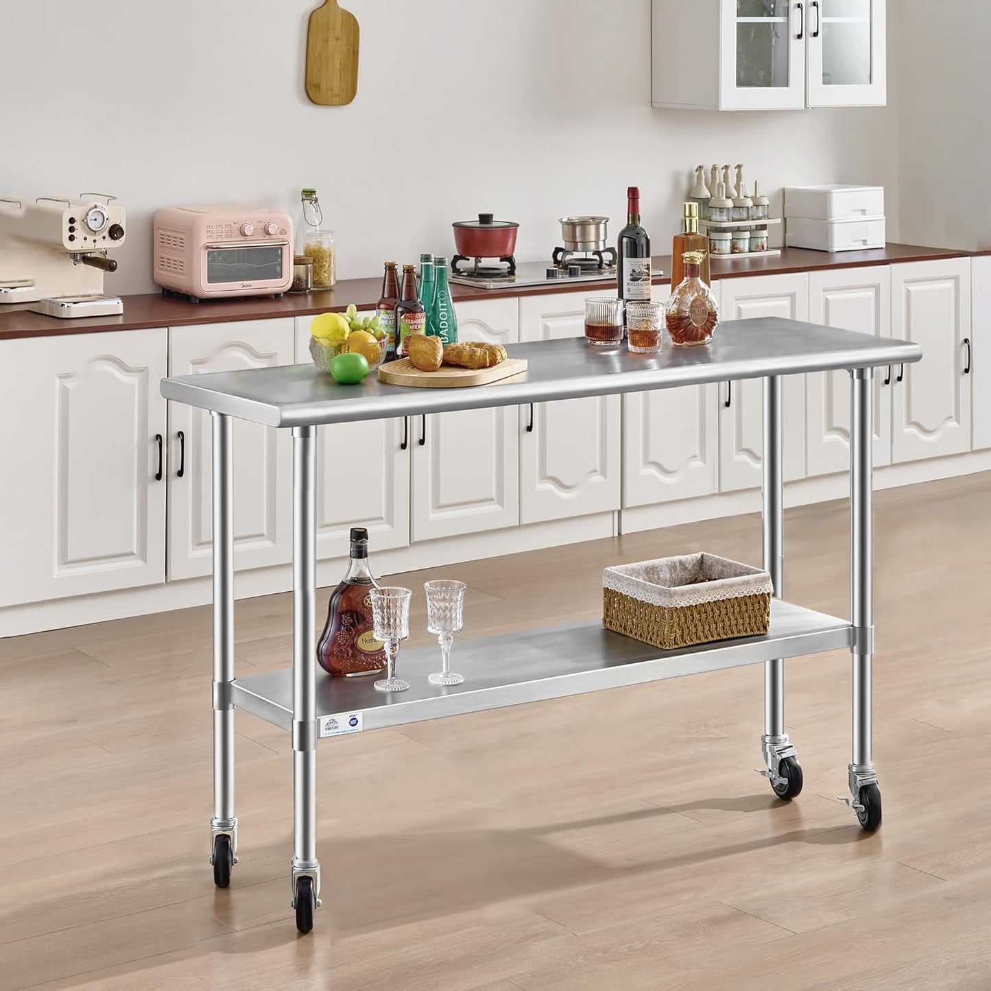 ROCKPOINT Stainless Steel Table for Prep & Work with Caster Wheels 14x60 Inches, NSF Metal Commercial Kitchen Heavy Duty Table with Adjustable Under Shelf and Table Foot for Restaurant, Home and Hotel