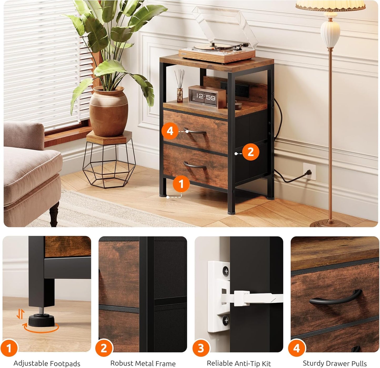 NightStand Bedside Charging Table Bedroom - Brown Night Stand with Charger Station, Modern Bed Side End Table with Open Shelf & 2 Fabric Drawers, USB-C USB Ports & AC Outlets for Dorm, Living Room