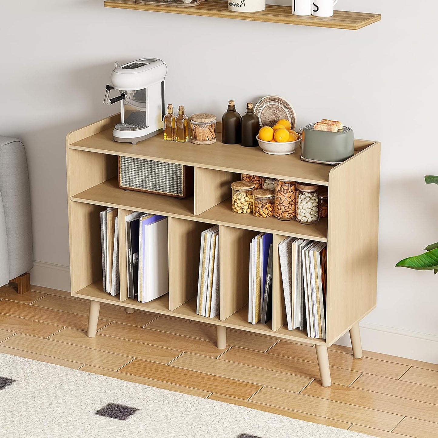 ChooChoo Record Player Stand, Turntable Stand with Vinyl Storage, Record Player Cabinet Up to 350 Albums, Cube Storage Organizer for Living Room, Natural