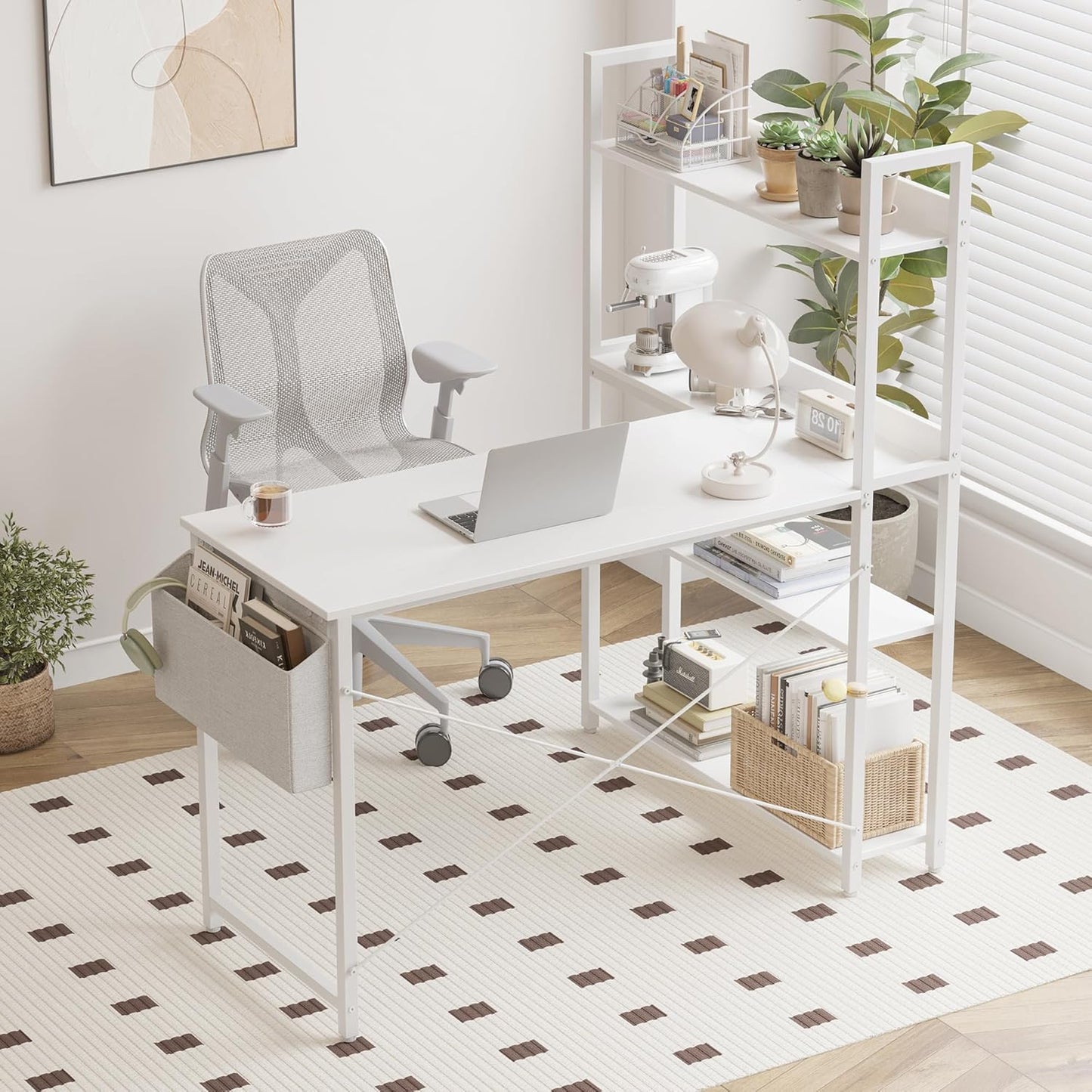 Treesland 47 Inch Computer Desk with Bookshelf, Corner Desk with Storage, L Shaped Desk, Home Office Desks, Writing Study Desk for Bedroom, White