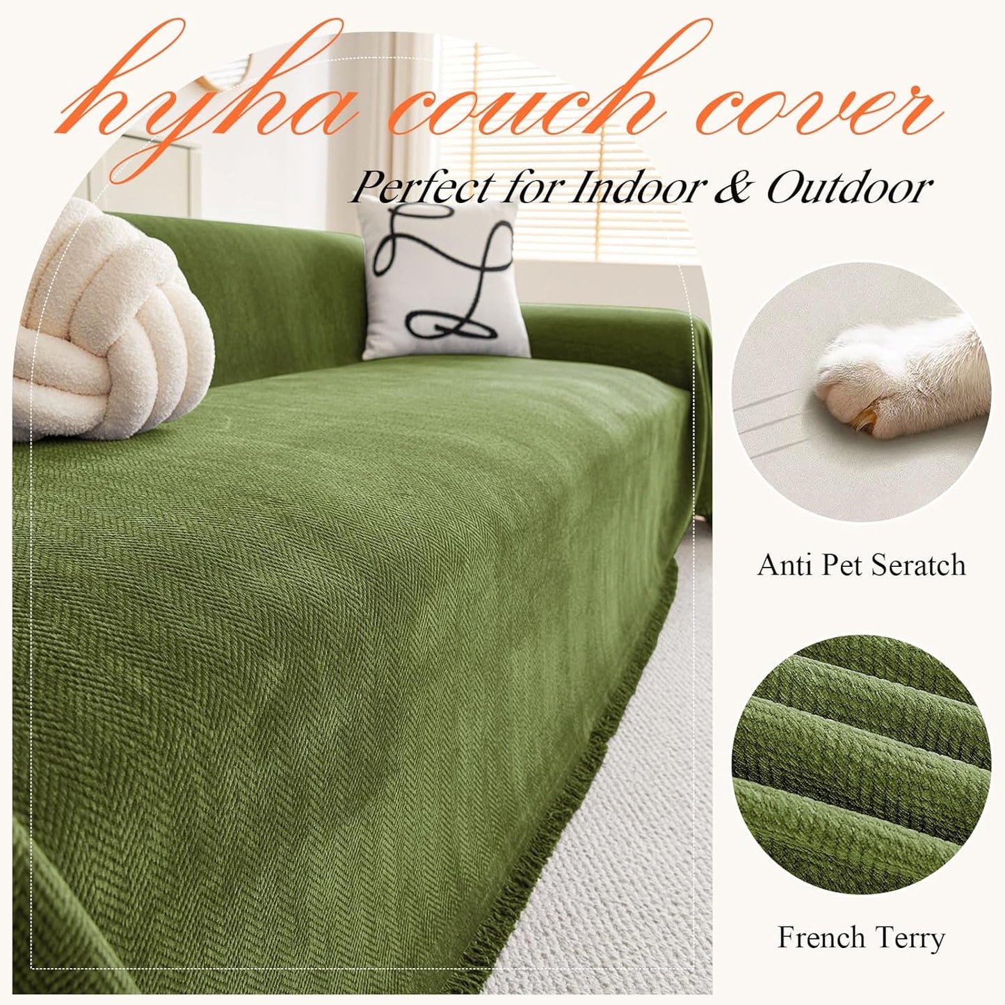 hyha Couch Cover for Dogs, Boho Sofa Covers for 3 Cushion Couch Washable, Chenille Sofa Slipcover for Pets, Soft Loveseat Sectional Couch Throw Blankets with Tassels (Green, 88.5x134 Inch)