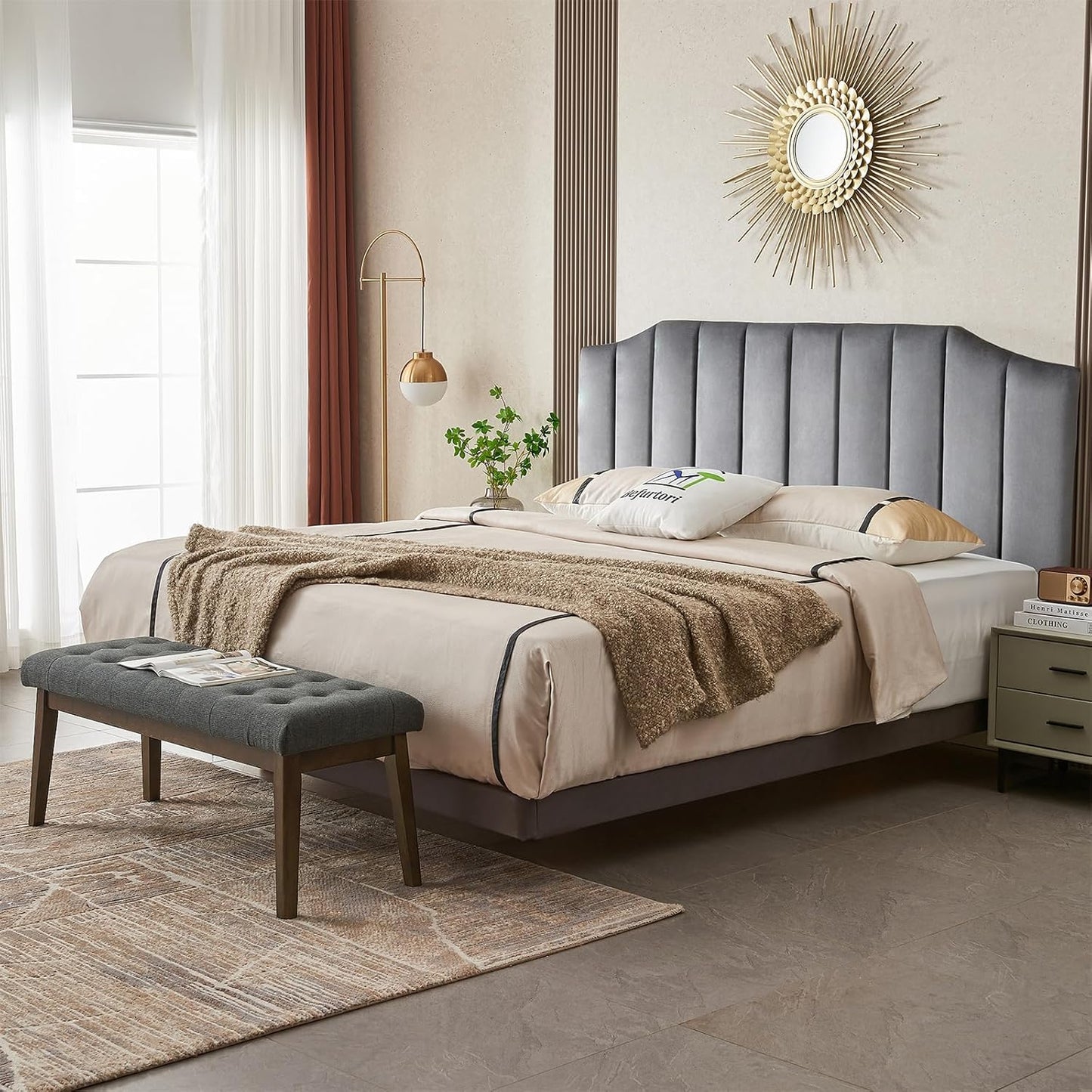 End of Bed Bedroom Bench, Linen Upholstered Tufted Bench for Bedroom End of Bed with Solid Wood Legs for Bedroom Living Room Entryway(Dark Gray)