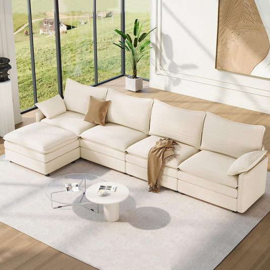 Vesgantti 142" Cloud Couch Sectional Modular Sofa, Comfy Sectional Couch with Ottoman Deep Seat Corduroy L Shaped Sofa, Modular Couches for Living Room, Bedroom and Apartment, Beige