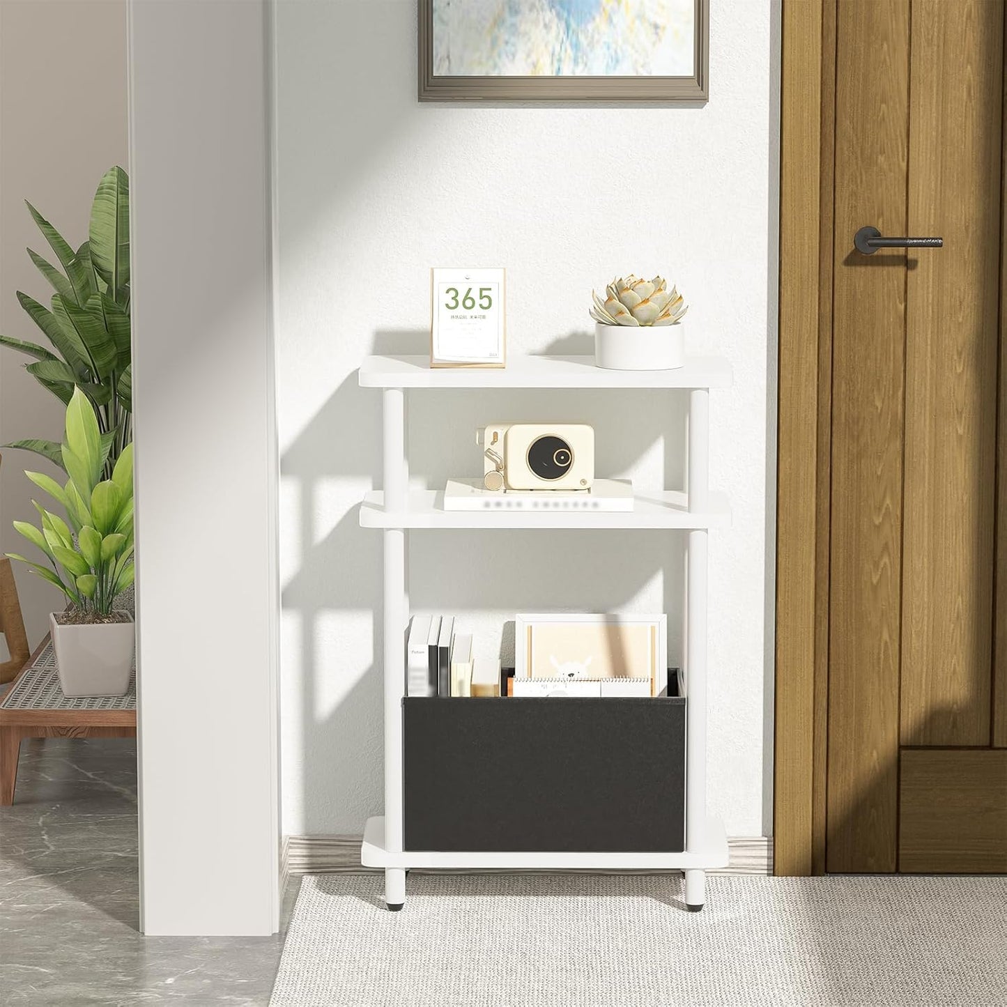 Narrow Side Table with Fabric Basket, 7" Wide, 3 Tier Skinny End Table with Wood Legs, Slim Nightstand/Bedside Table for Small Spaces, with Adjustable Feet, 15.7" L x 23" H, White