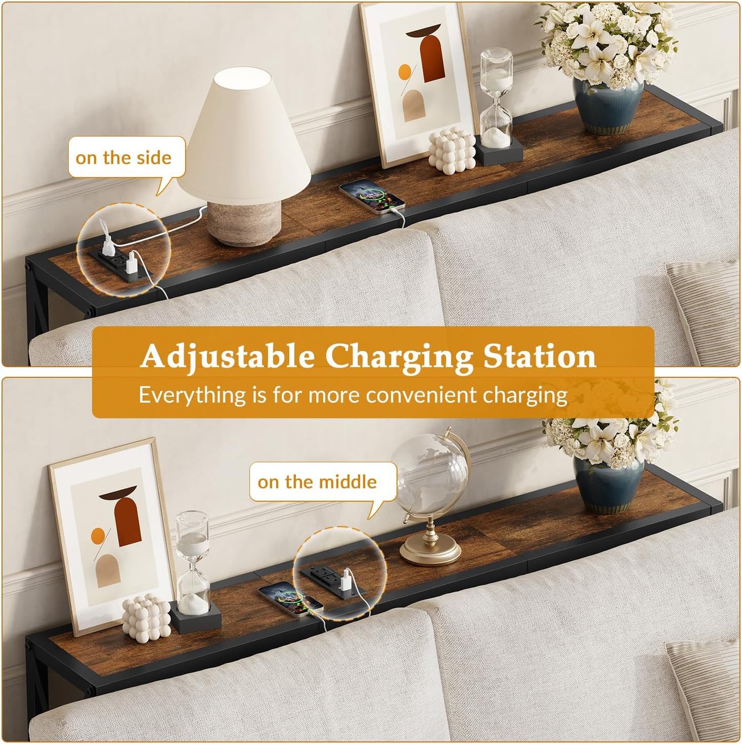 41.8" Console Table, Narrow Behind The Couch Table with Outlet, Industrial Skinny Stand for Hallway, Entryway, Living Room, Bedroom, 6.5 Feet Power Cord,Rustic Brown