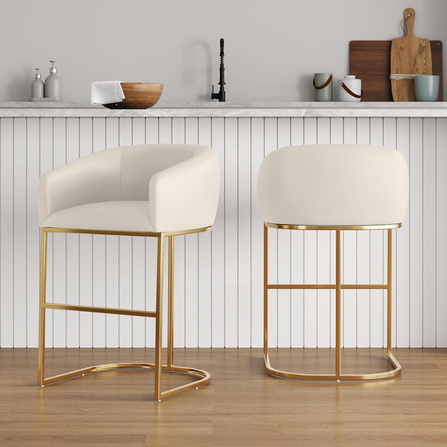 Manhattan Comfort Louvre 26 Inch Mid Century Modern Counter Height Bar Stools - Elegant Faux Leather Padded Seat, Stainless Steel Base with Footrest, Fully Assembled Barstools, Set of 2, Cream