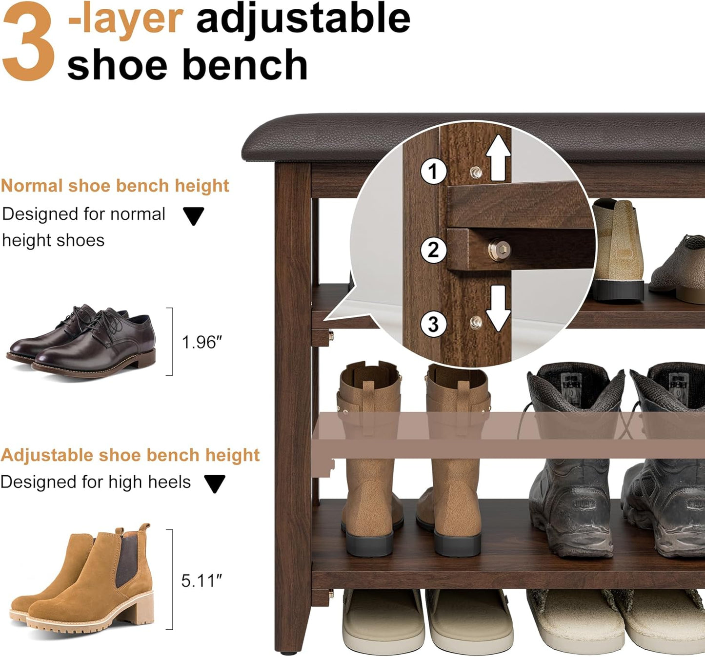 Wooden Shoe Bench Storage with Leather Cushion, Rustic Solid Wood Entryway Bench with 3-Tiers Height Adjustable, Shoe Rack Front Doors Entrances for Hallway Living Room,Mudrooms (Brown,47.2")