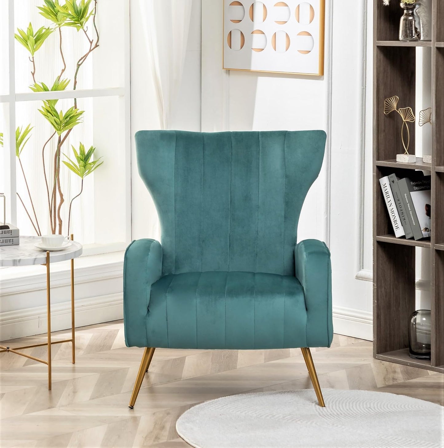 Container Furniture Direct Modern Velvet Accent Chair, Channel Tufted Bedroom, Office or Living Room Furniture with Elegant Metal Legs, 26" Wide Armchair, Teal