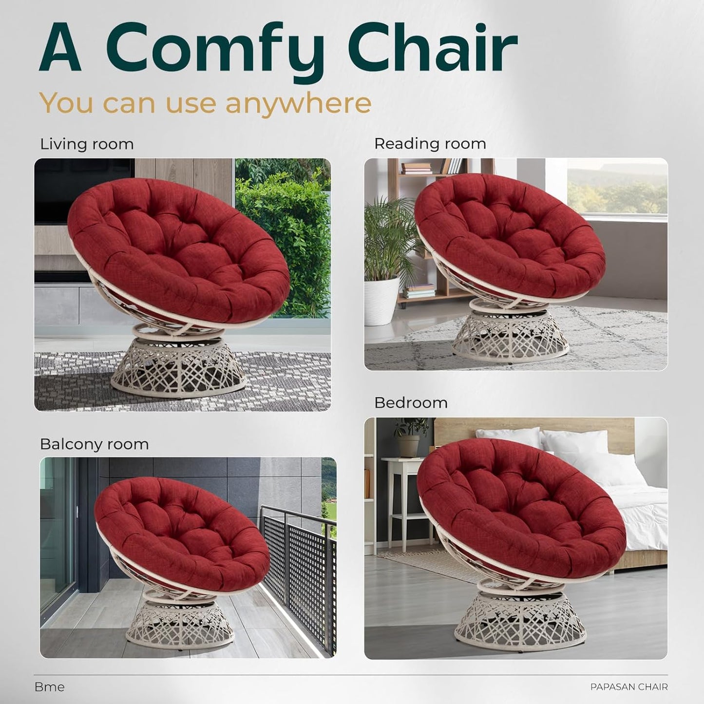 Bme 40" Ergonomic Wicker Papasan Chair with Soft Thick Density Fabric Cushion, High Capacity Steel Frame, 360 Degree Swivel for Living, Bedroom, Reading Room, Lounge, Cherry Sangria - White Base