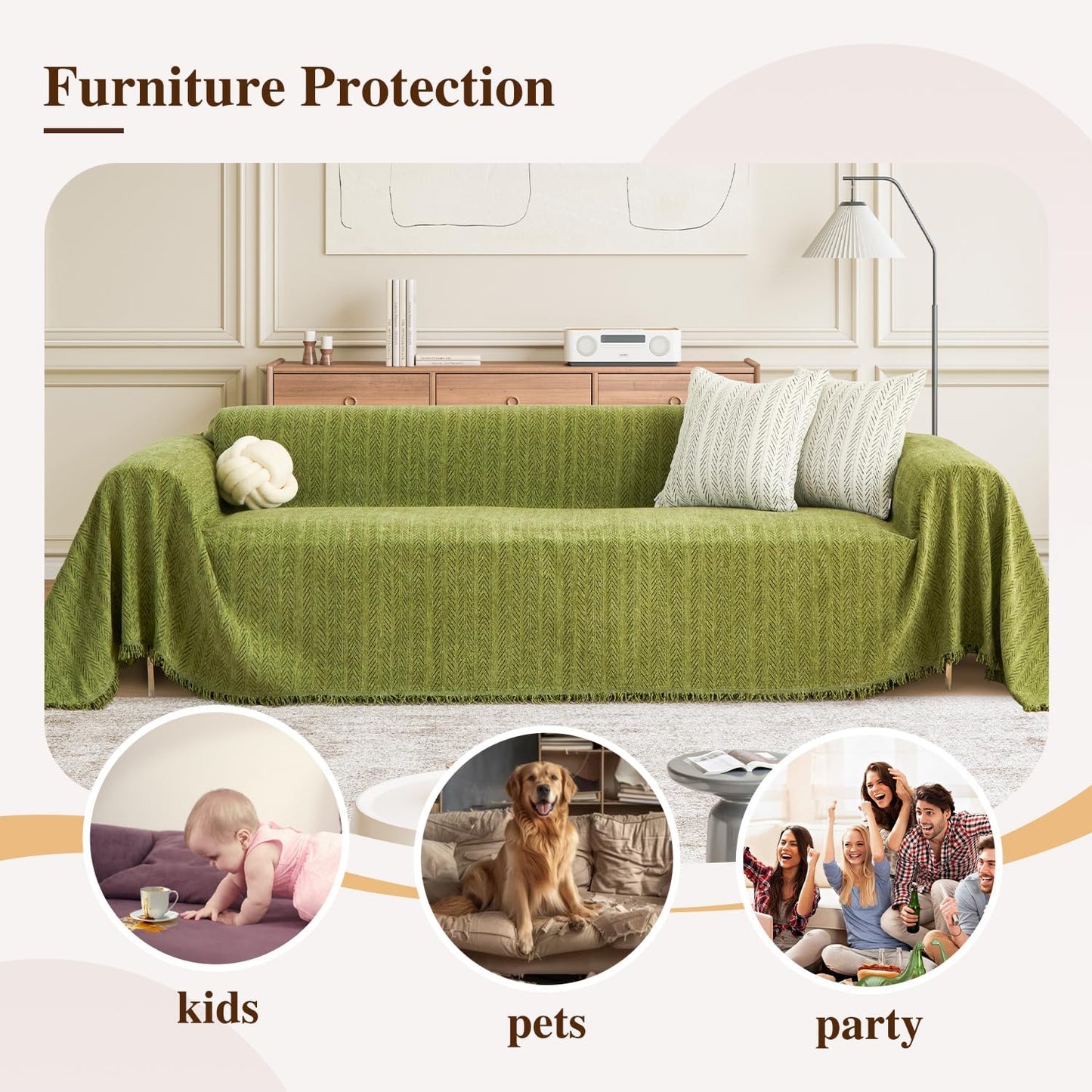 Nobildonna Sofa Cover Washable Soft Thicken Chenille Couch Cover with Tassel,Waterproof Sofa Slipcovers for 2 Cushion Couch,Loveseat,Futon Couch Furniture Protector Pet-Friendly,Yellow Green 71"x102"