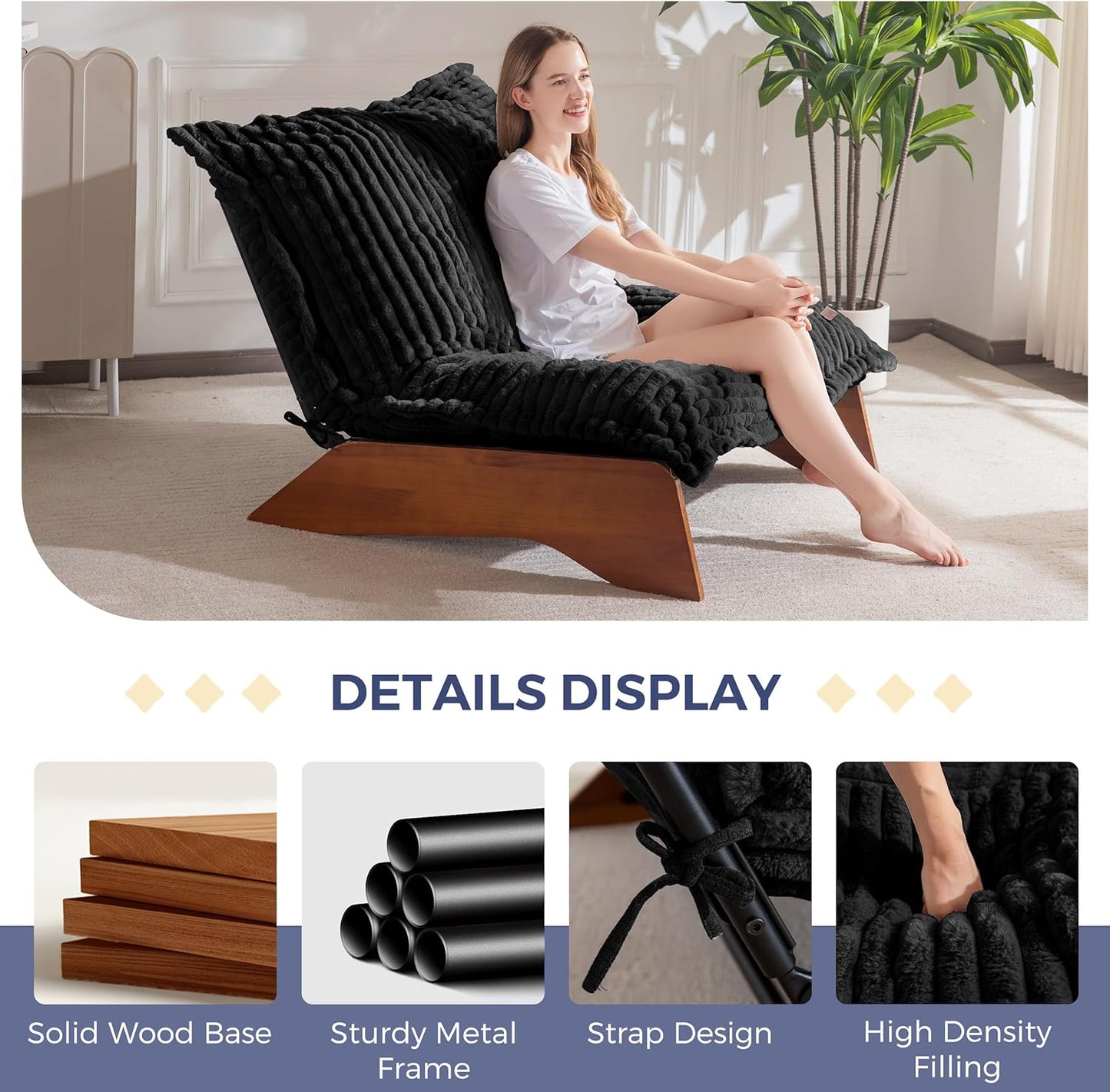 MAXYOYO Adjustable Living Room Chair, 3-Position Bean Bag Chair with Removable Cover, Upholstered Accent Chair with Frame, Soft Reclining Lounge for Bedroom, Apartment, Office, Black