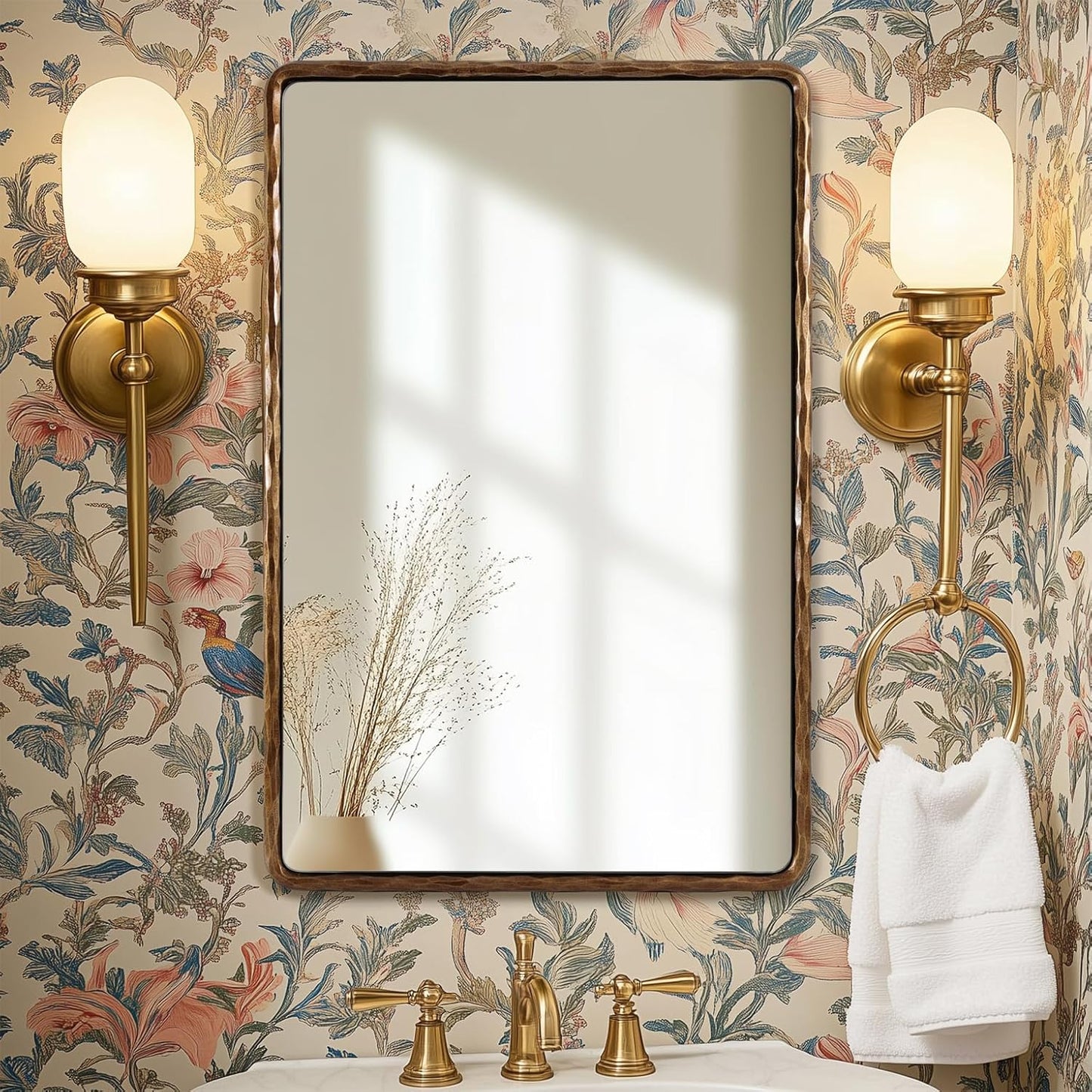 ANDY STAR Hand-Forged Gold Bathroom Mirrors for Wall, 22x30 Inch Vintage Solid Steel Metal Frame Bathroom Vanity Mirror, Antique Rounded Rectangle Wall Mirror, Hangs Horizontally or Vertically