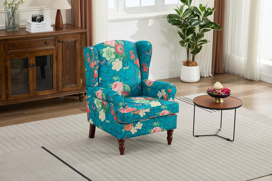 Ball & Cast Modern Accent Chair,Comfy Upholstered Armchair with Retro Wood Legs,Floral Design Single Sofa Chair,Living Room Furniture for Apartment,Bedroom,Office,Linen Fabric,Floral Cyan