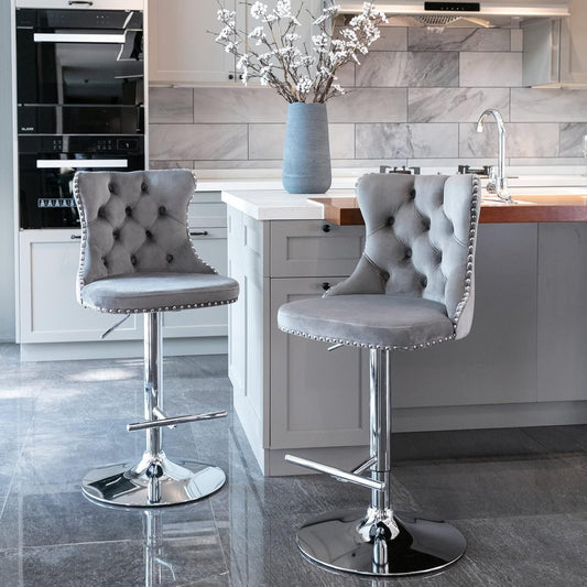 PacknWood Acosure Swivel Velvet Barstools Adjusatble Seat Height from 25-33" with Comfortable Tufted,Modern Upholstered Chrome Base Bar Chairs,for Home Pub Kitchen,Gray,Set of 2