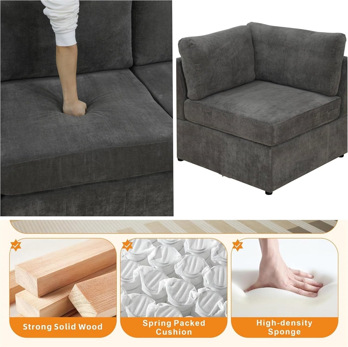 Sectional Couches for Living Room, 101″ Modular Sectional Sofa with Ottoman, Modern Lounge Corner L Shaped Couch for Bedroom, Grey