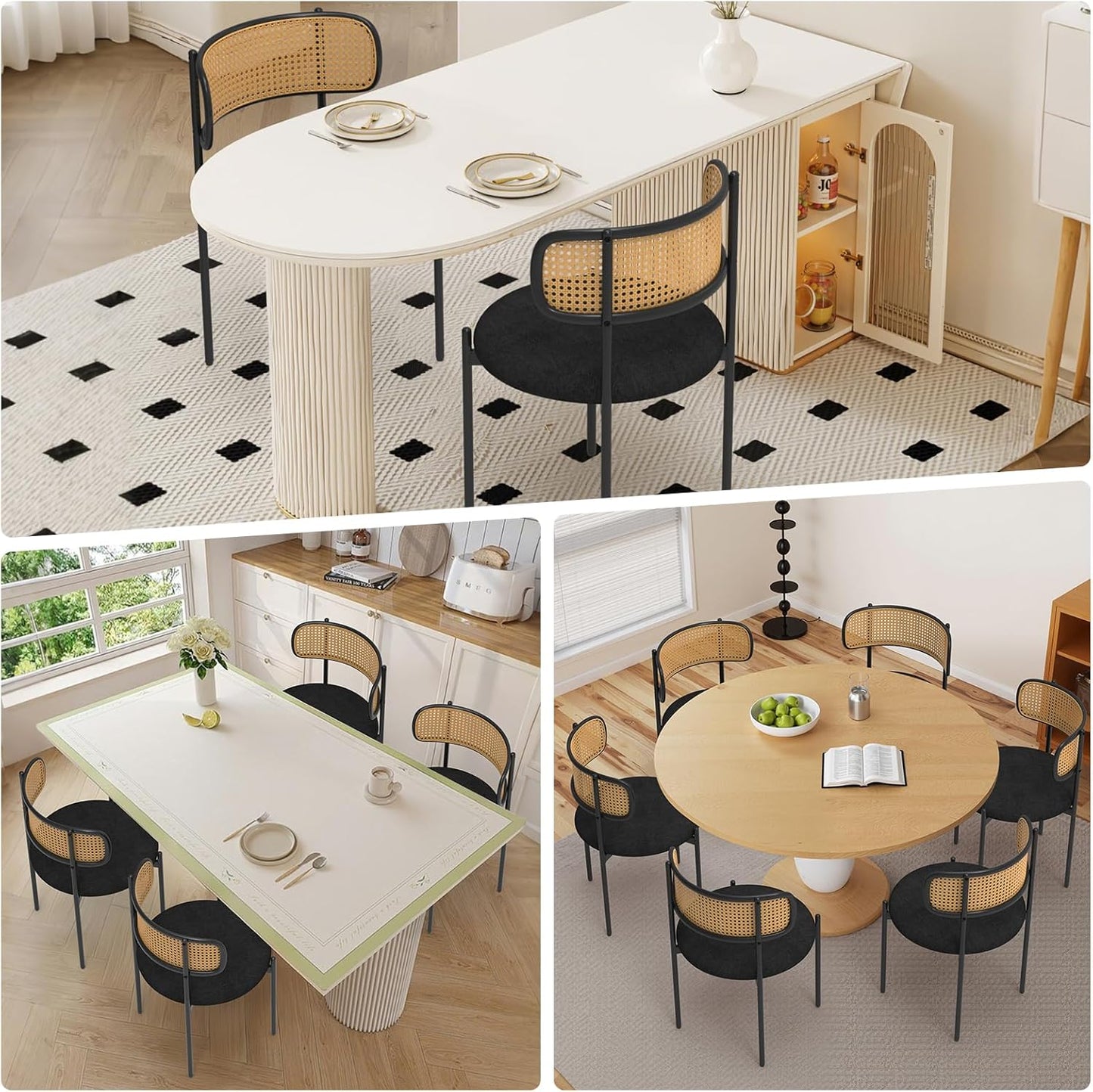 Mid Century Modern Dining Chairs Set of 4 with Rattan Backrest,Velvet Upholstered Accent Kitchen & Dining Room Chairs with Sturdy Metal Frame,Black