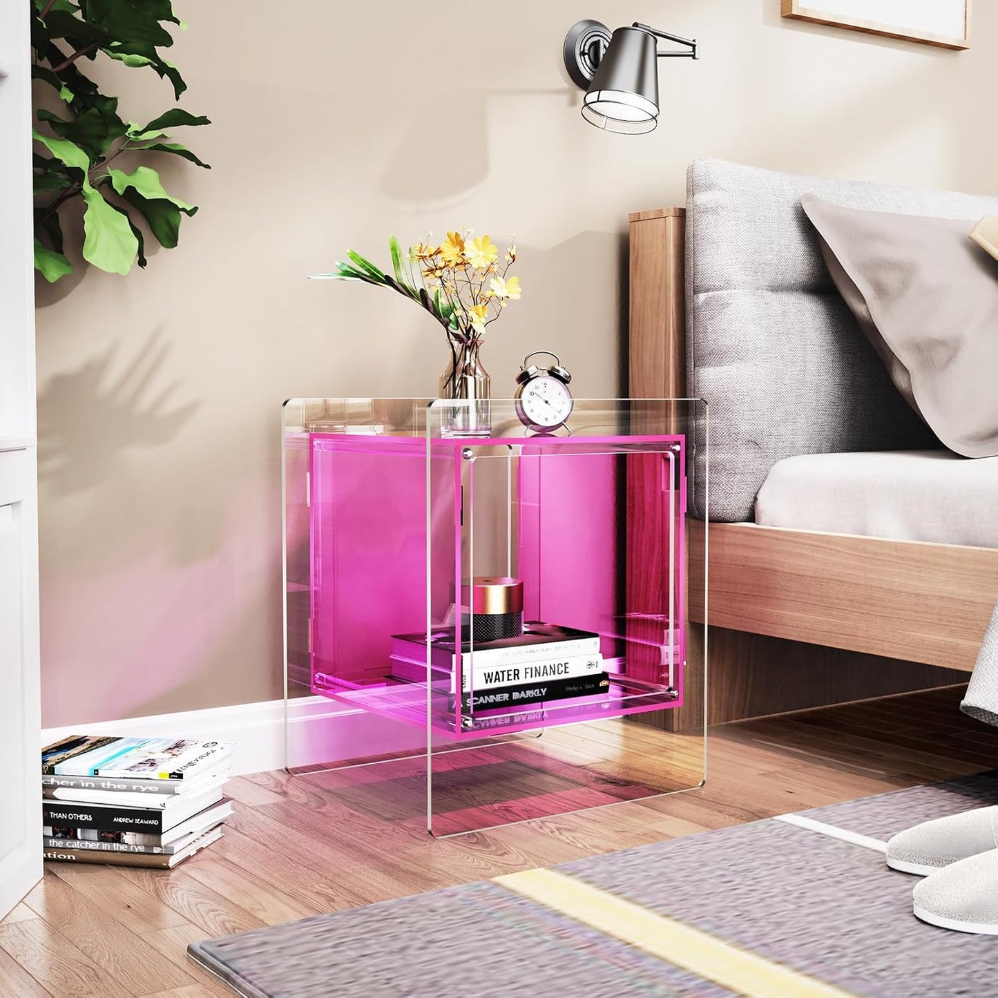 Acrylic Nightstand Colorful Bedside Table with Open Storage Shelf,Clear Side Table for Living Room (1, Pink)